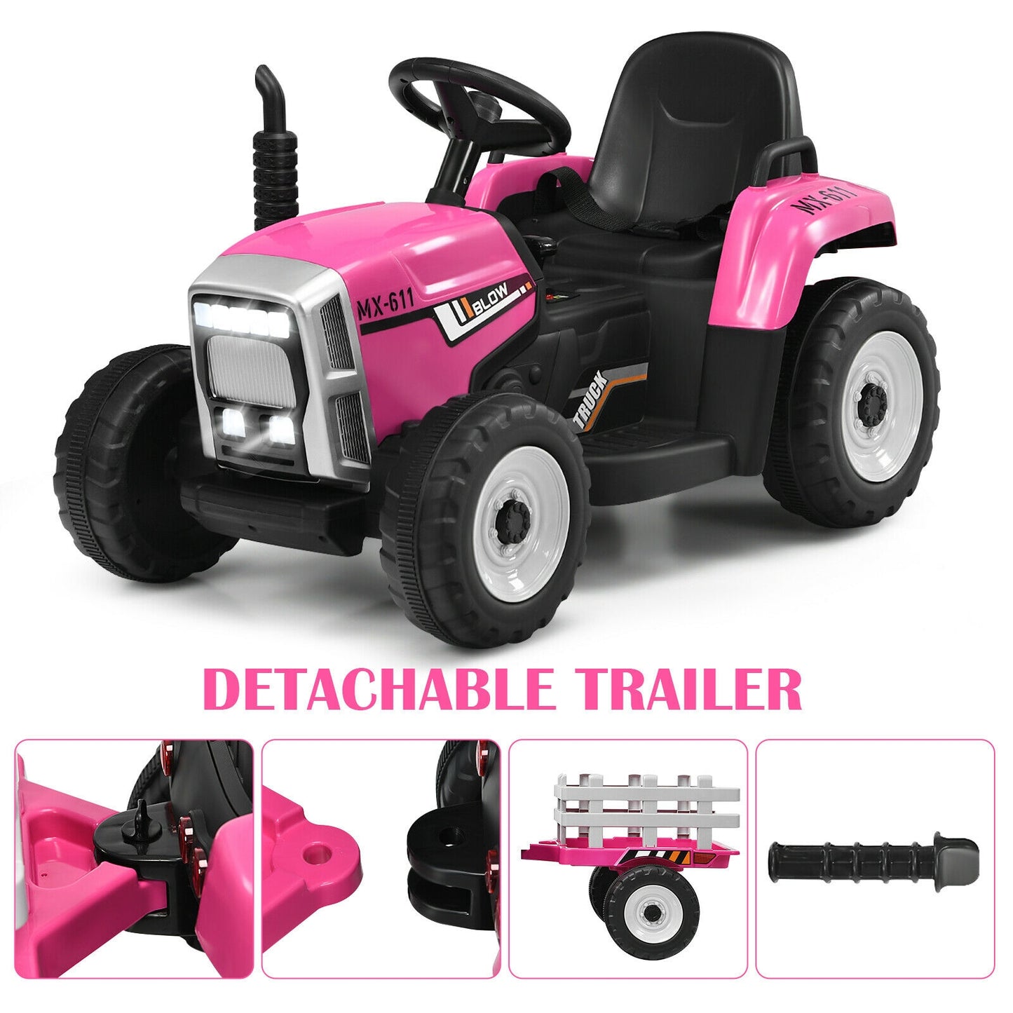 12V Ride on Tractor with 3-Gear-Shift Ground Loader for Kids 3+ Years Old-Pink Kids Crystal