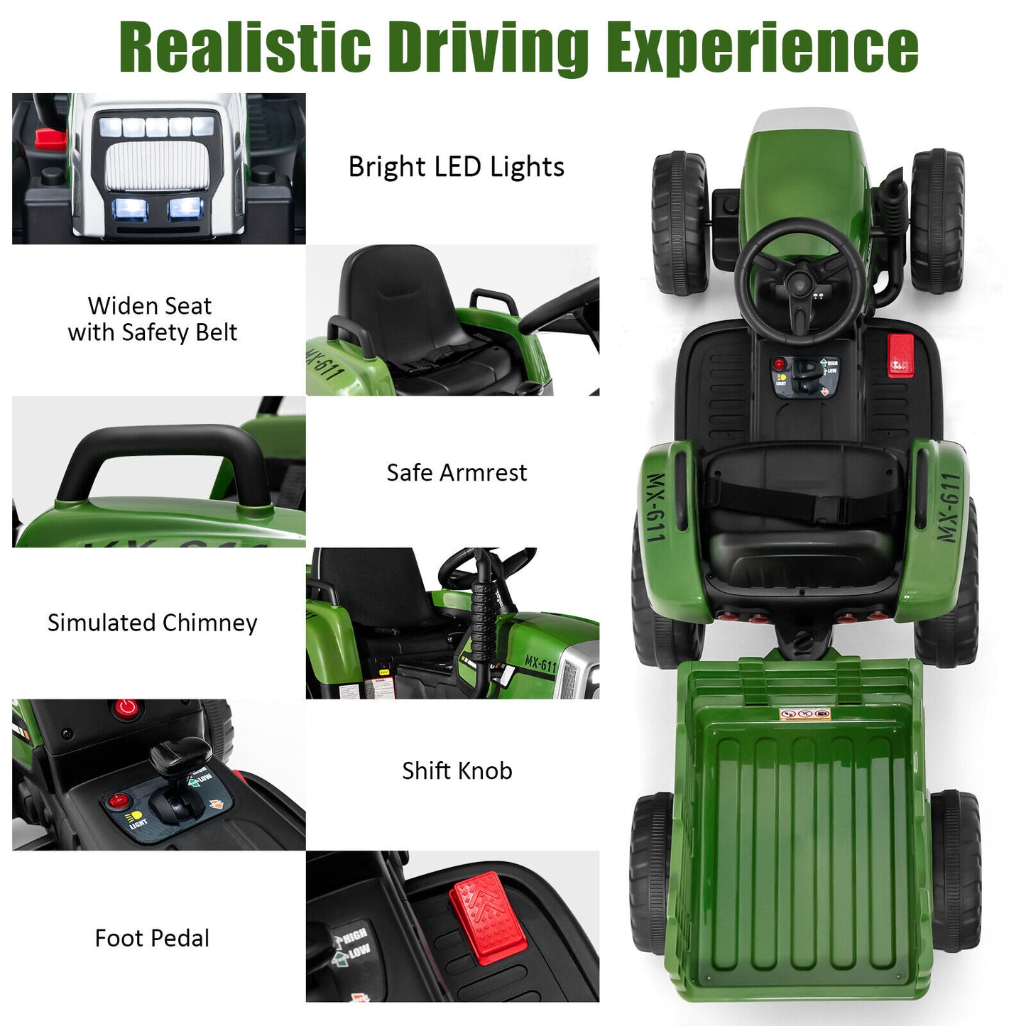 12V Ride on Tractor with 3-Gear-Shift Ground Loader for Kids 3+ Years Old-Dark Green Kids Crystal