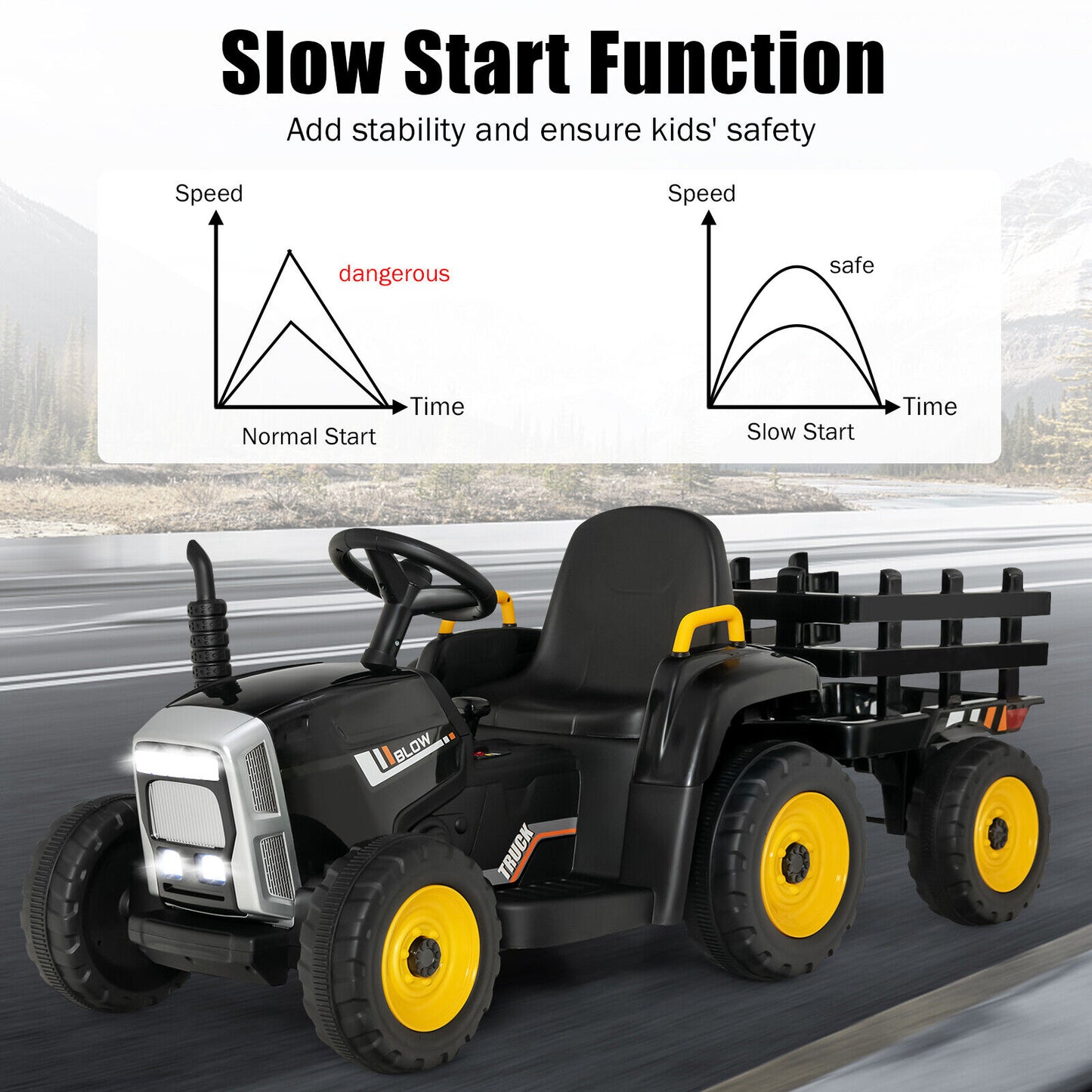 12V Ride on Tractor with 3-Gear-Shift Ground Loader for Kids 3+ Years Old-Black Kids Crystal
