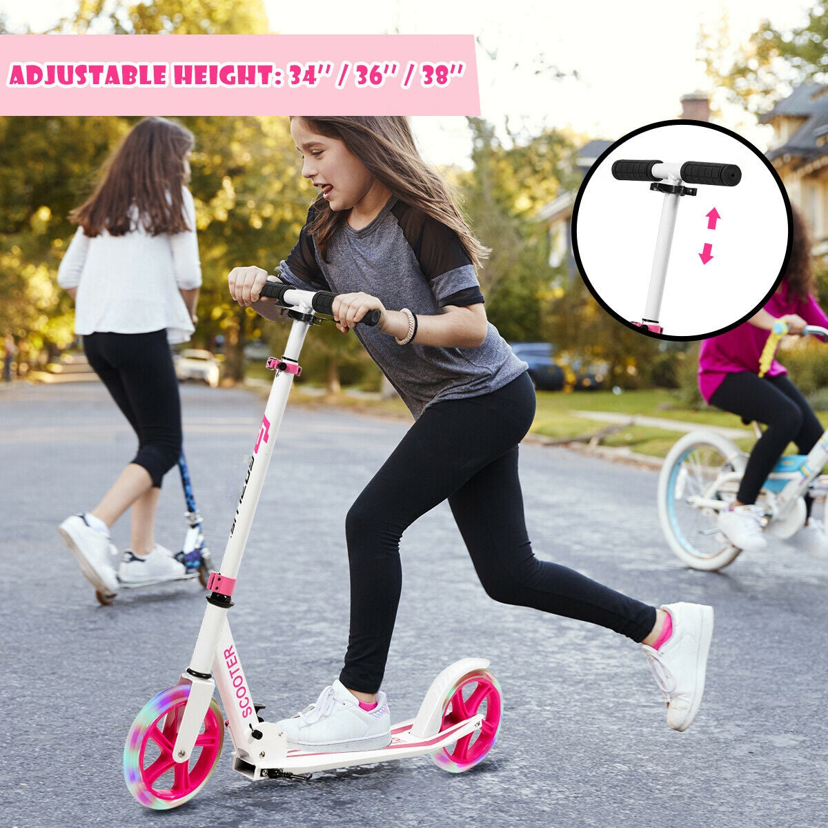 Portable Folding Sports Kick Scooter with LED Wheels-Pink Kids Crystal
