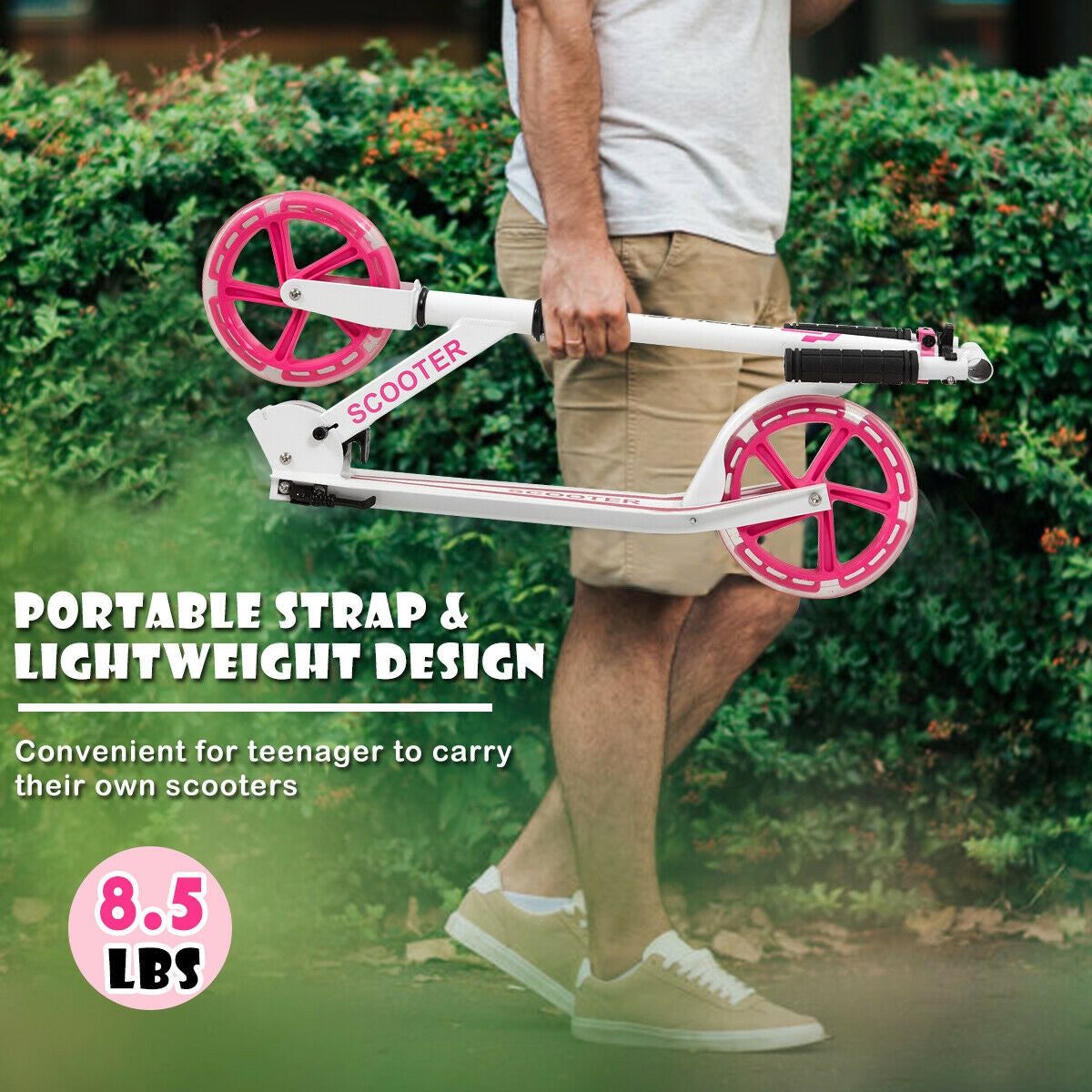 Portable Folding Sports Kick Scooter with LED Wheels-Pink Kids Crystal