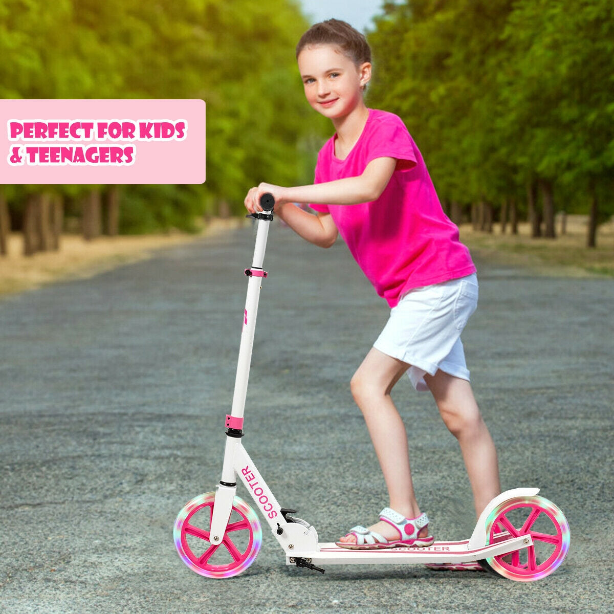 Portable Folding Sports Kick Scooter with LED Wheels-Pink Kids Crystal