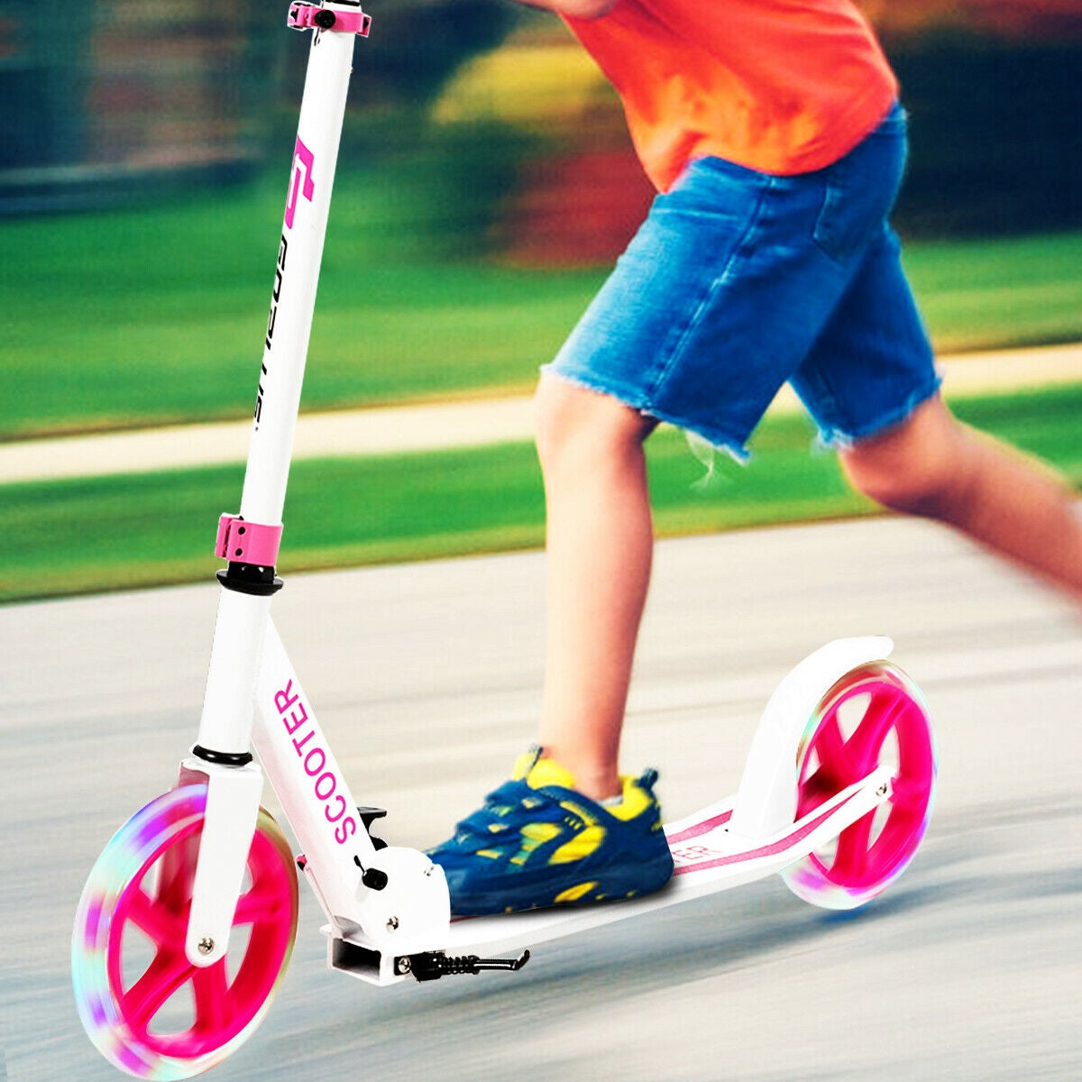 Portable Folding Sports Kick Scooter with LED Wheels-Pink Kids Crystal