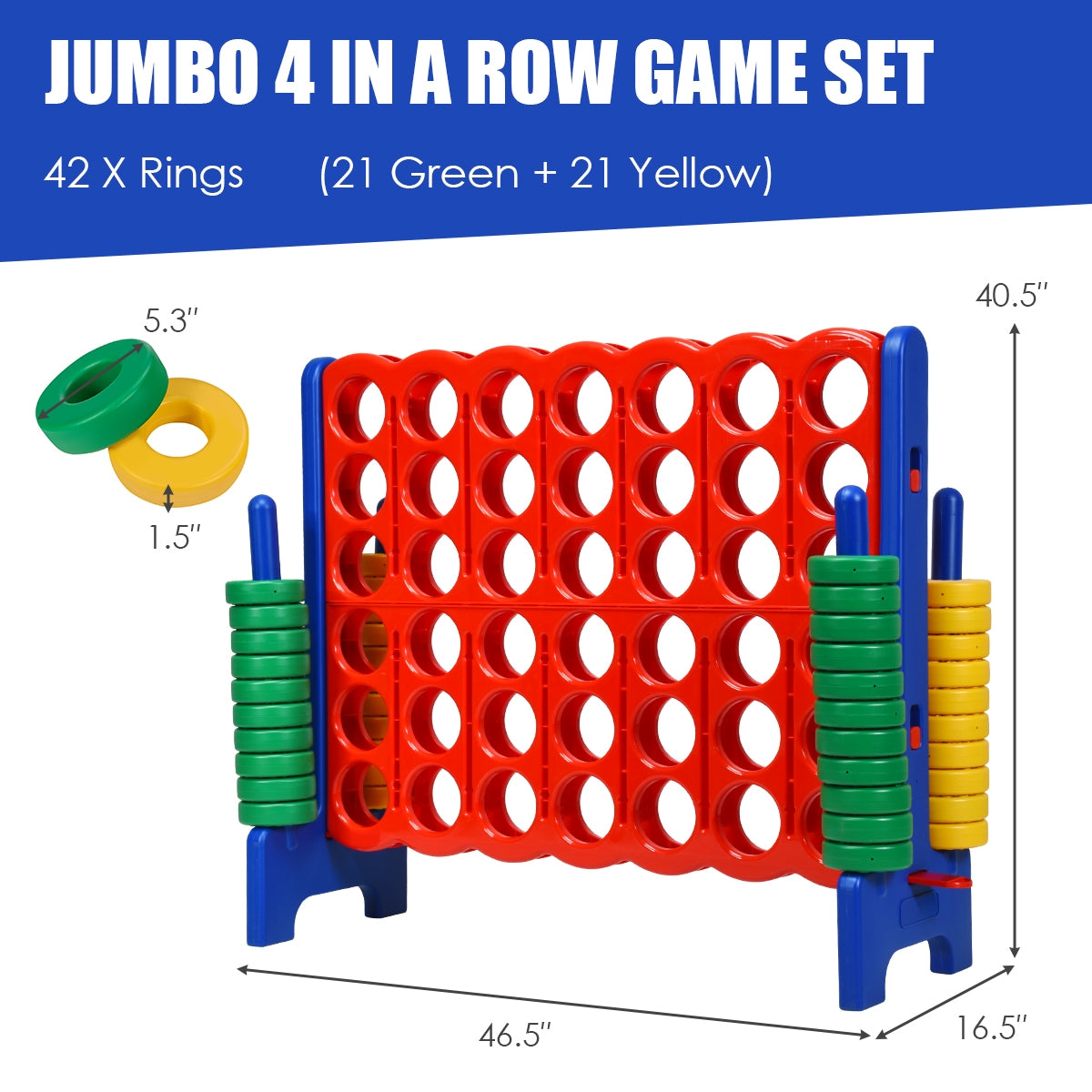 Jumbo 4-to-Score Giant Game Set with 42 Jumbo Rings and Quick-Release Slider-Blue Kids Crystal