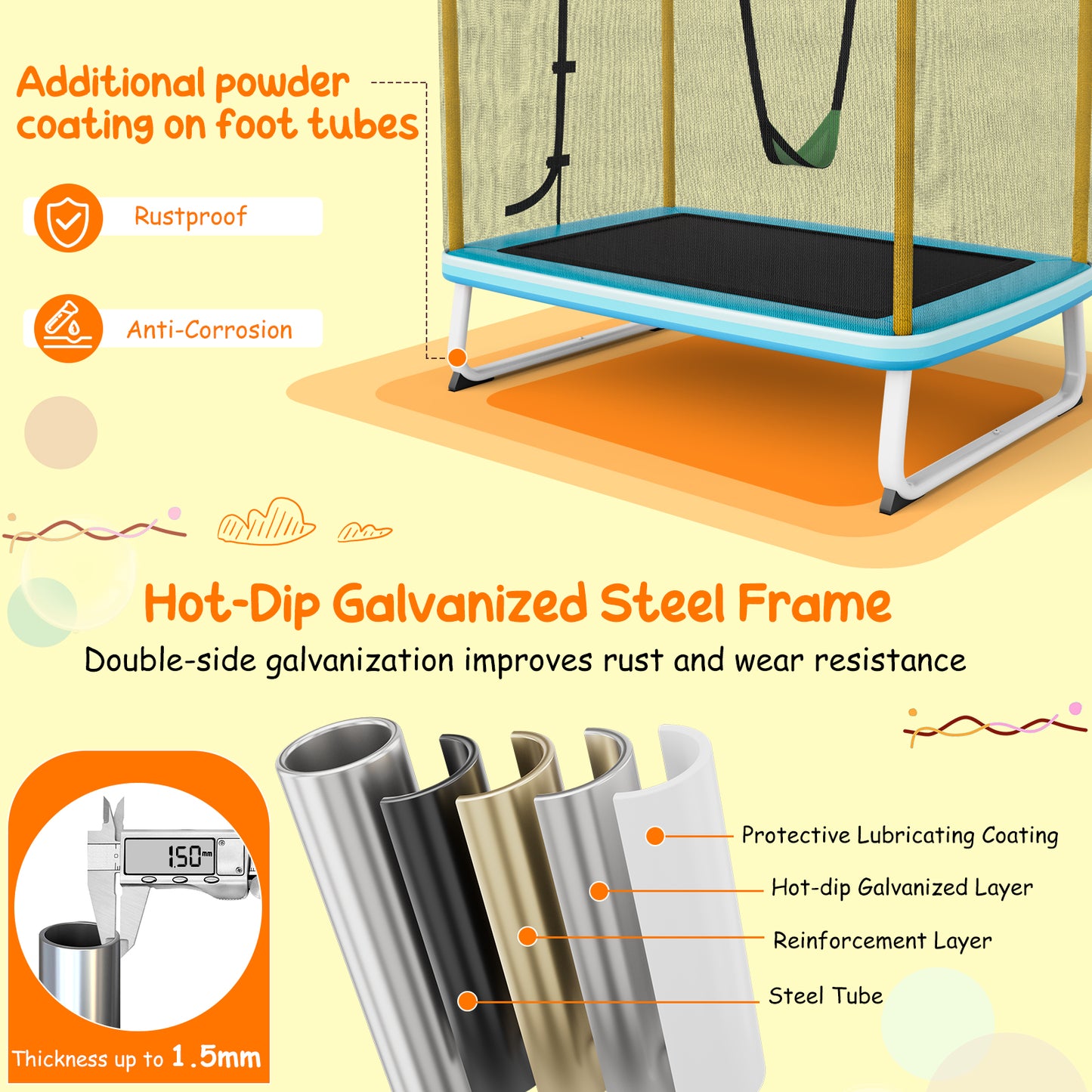 6 Feet Rectangle Trampoline with Swing Horizontal Bar and Safety Net-Yellow Kids Crystal