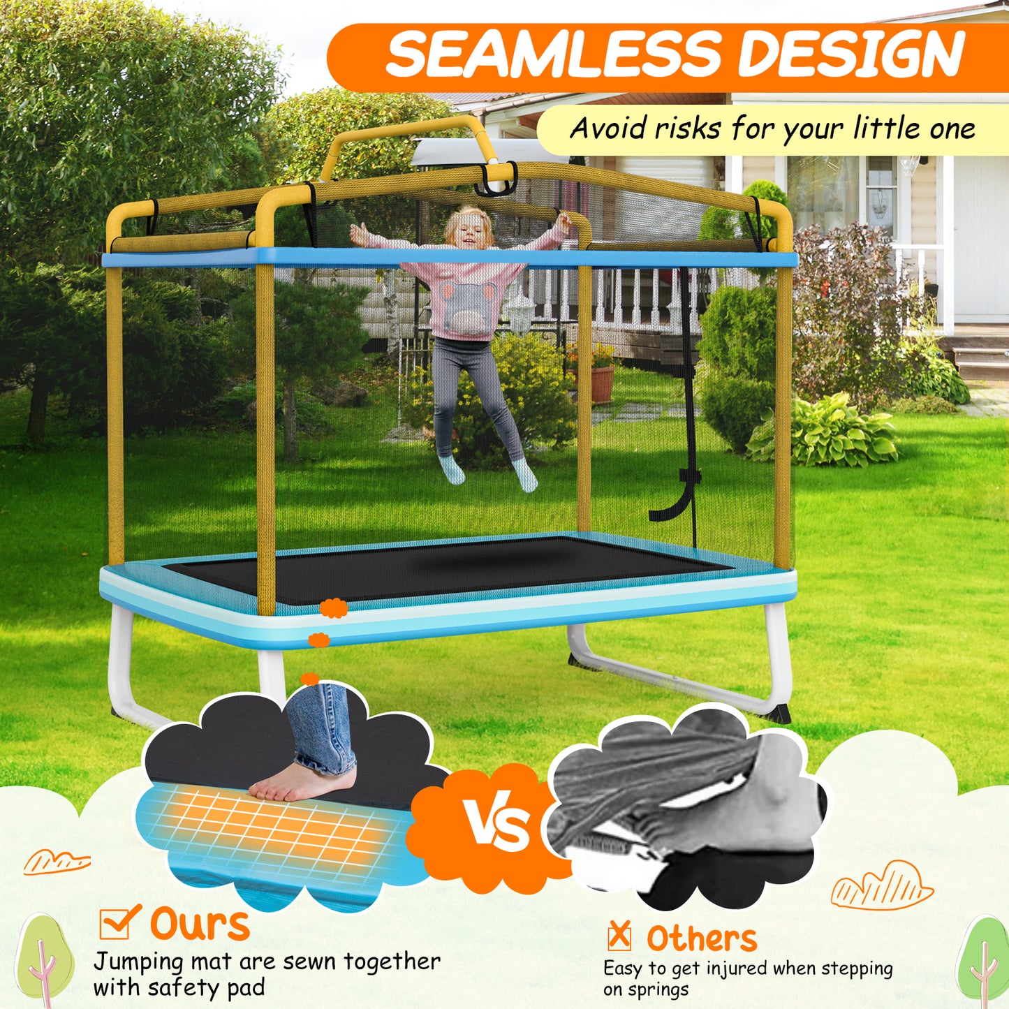 6 Feet Rectangle Trampoline with Swing Horizontal Bar and Safety Net-Yellow Kids Crystal