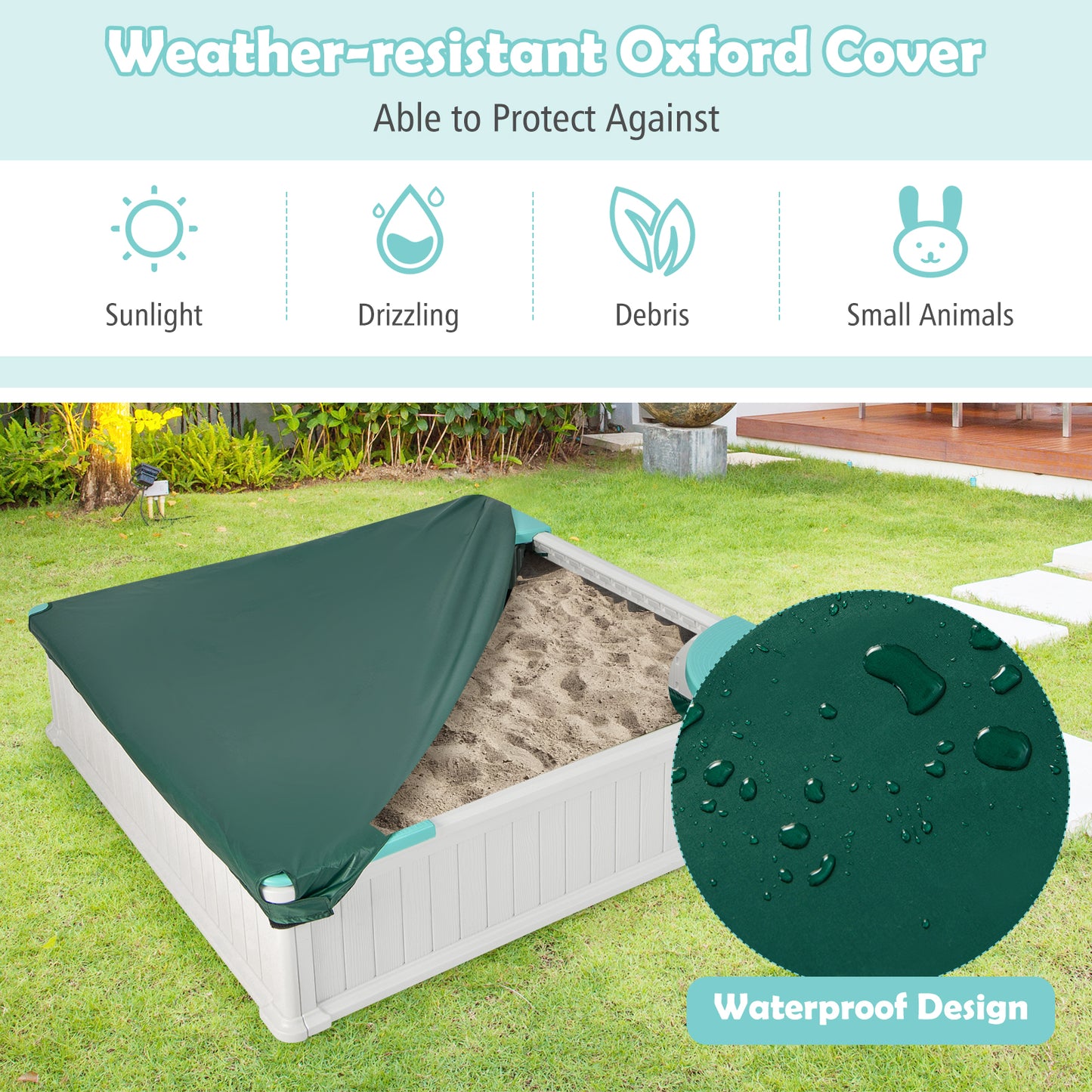 Kids Outdoor Sandbox with Oxford Cover and 4 Corner Seats-White Kids Crystal