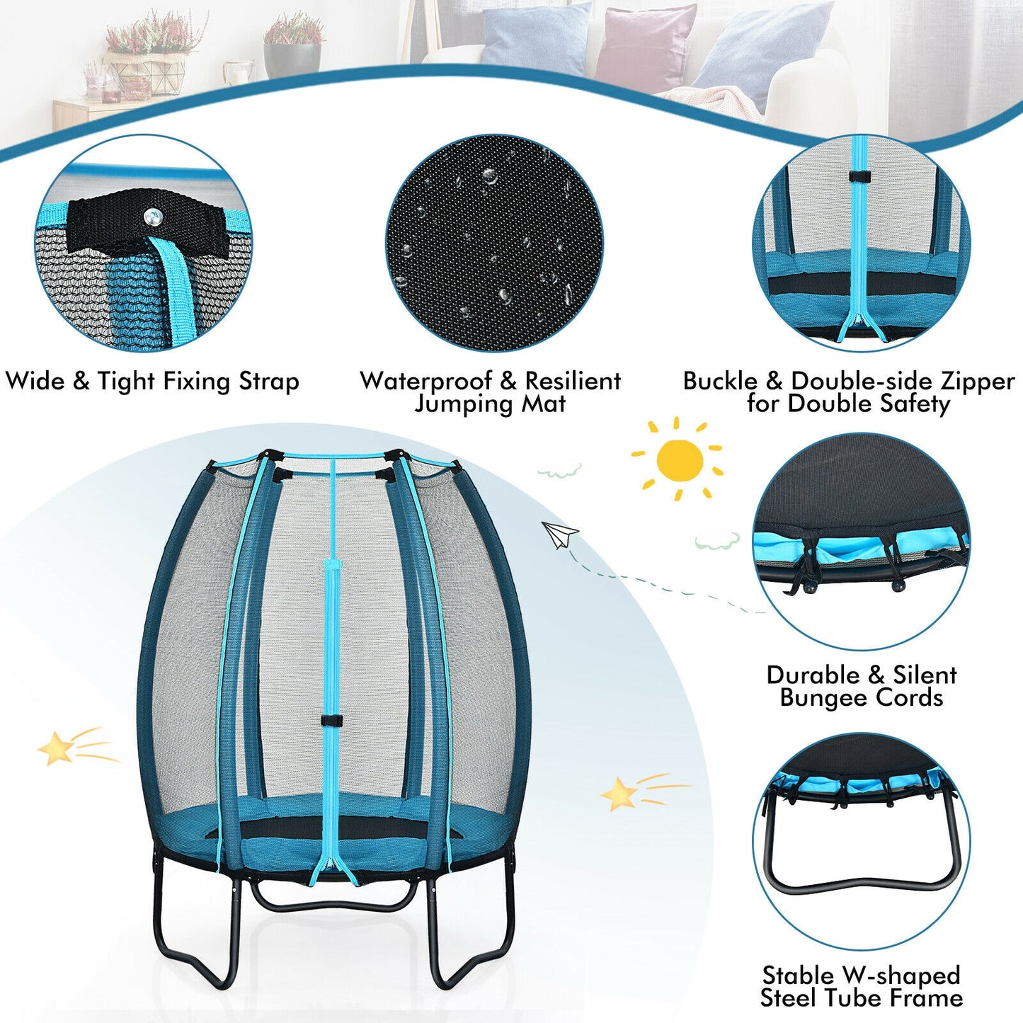 4 Feet Kids Trampoline Recreational Bounce Jumper with Enclosure Net-Blue Kids Crystal