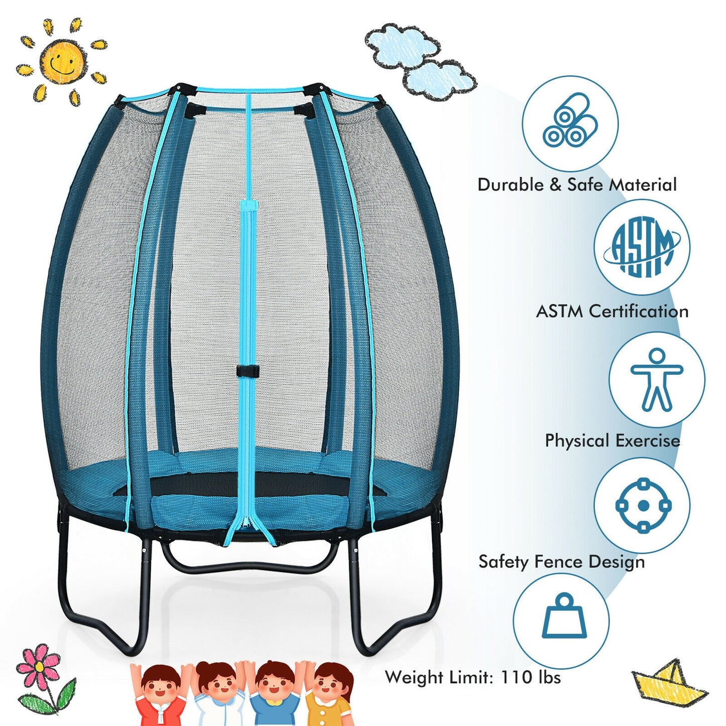 4 Feet Kids Trampoline Recreational Bounce Jumper with Enclosure Net-Blue Kids Crystal