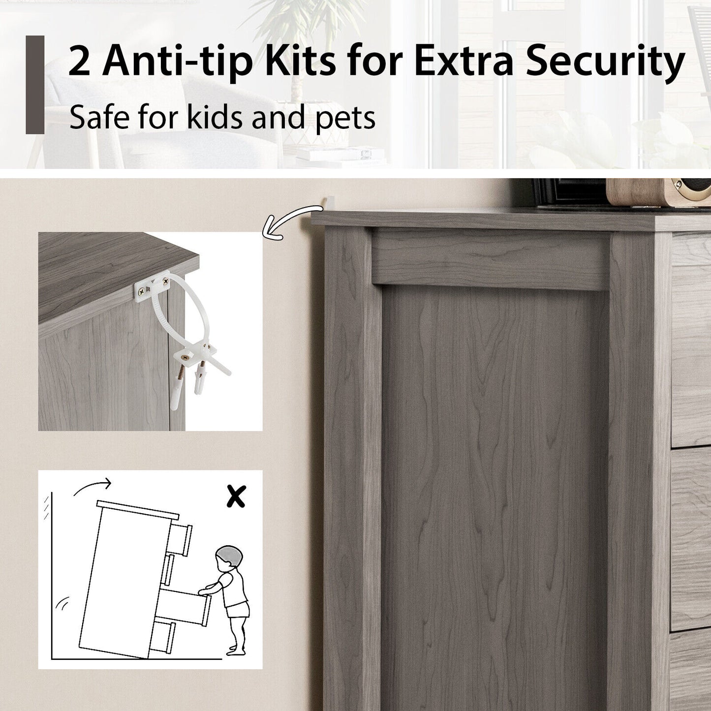 Modern 5-Drawer Multipurpose Chest Dresser with Metal Handles-Gray Kids Crystal