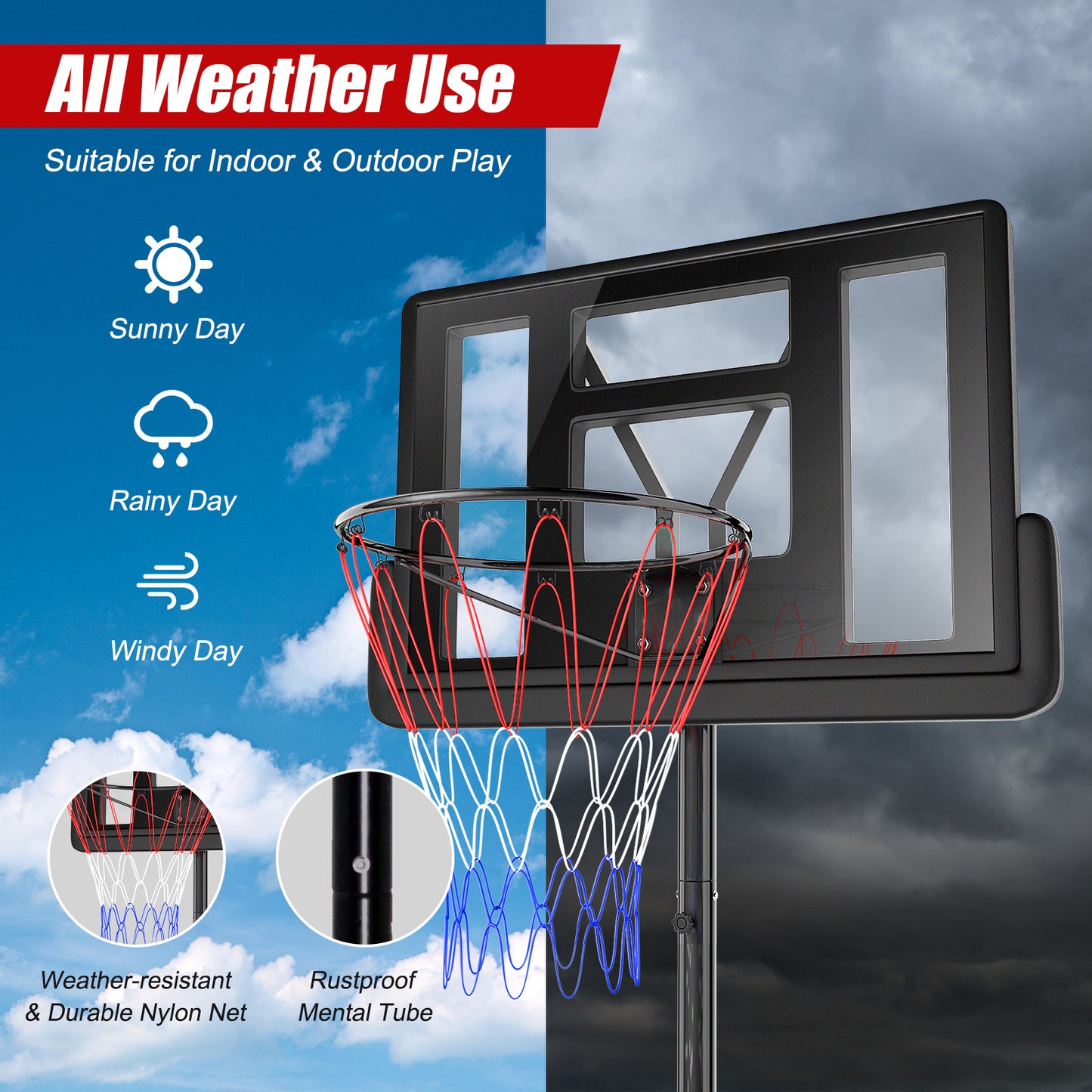 Height Adjustable Portable Shatterproof Backboard Basketball Hoop with 2 Nets Kids Crystal