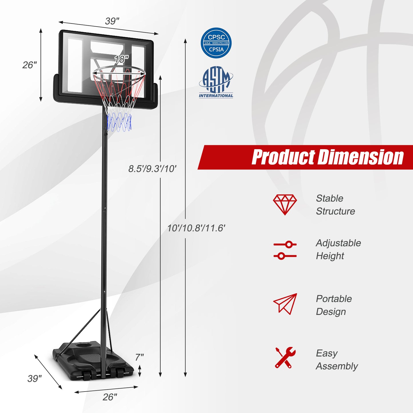 Height Adjustable Portable Shatterproof Backboard Basketball Hoop with 2 Nets Kids Crystal