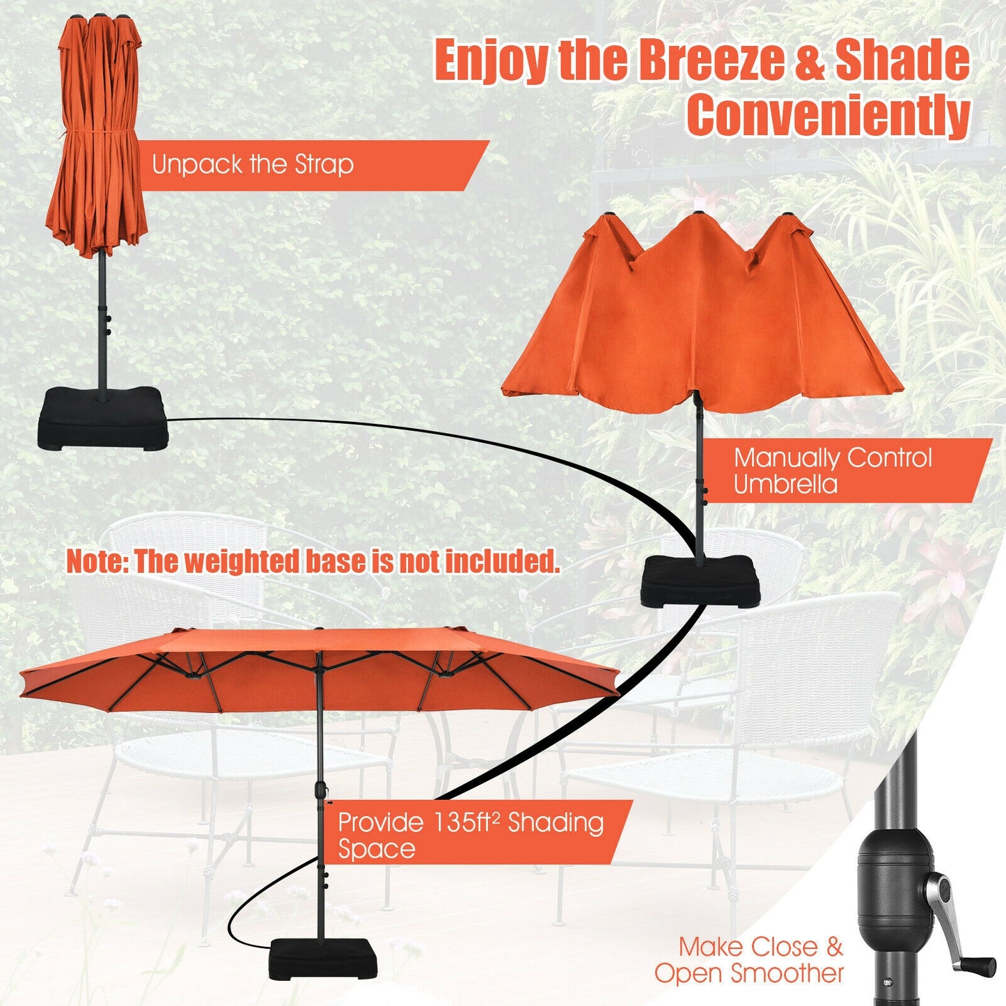 15 Feet Patio Double-Sided Umbrella with Hand-Crank System-Orange Kids Crystal