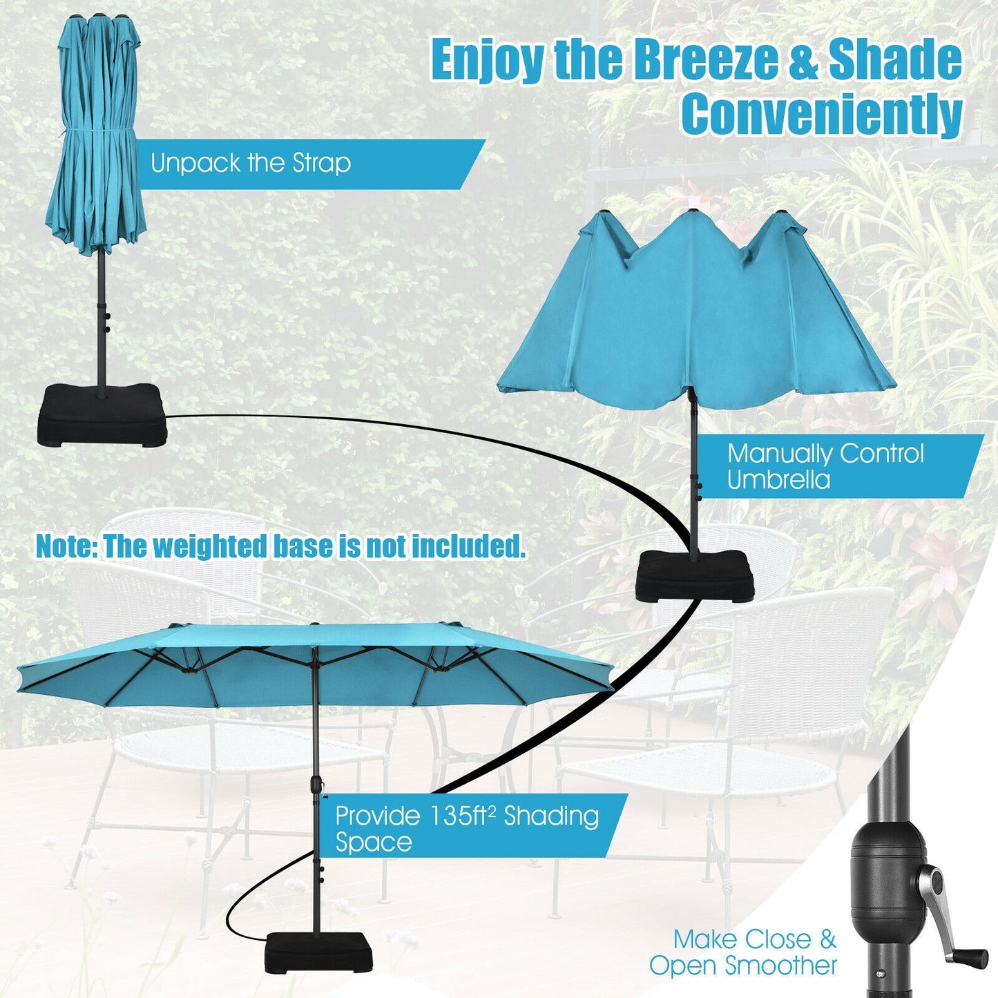 15 Feet Patio Double-Sided Umbrella with Hand-Crank System-Turquoise Kids Crystal