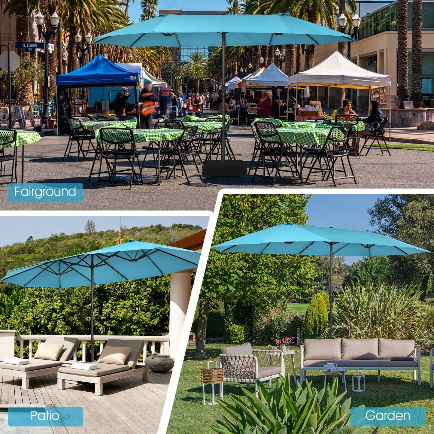15 Feet Patio Double-Sided Umbrella with Hand-Crank System-Turquoise Kids Crystal