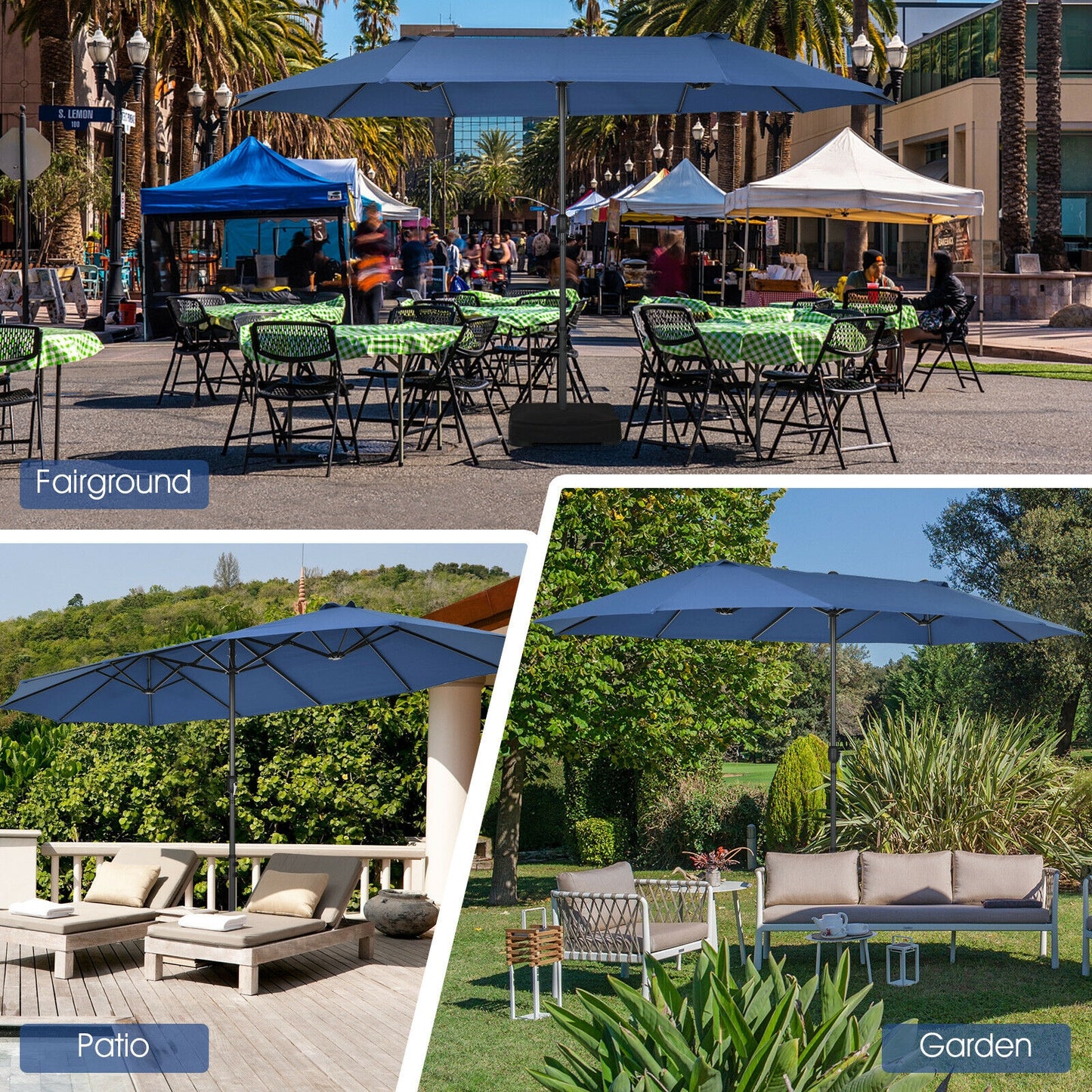 15 Feet Patio Double-Sided Umbrella with Hand-Crank System-Navy Kids Crystal