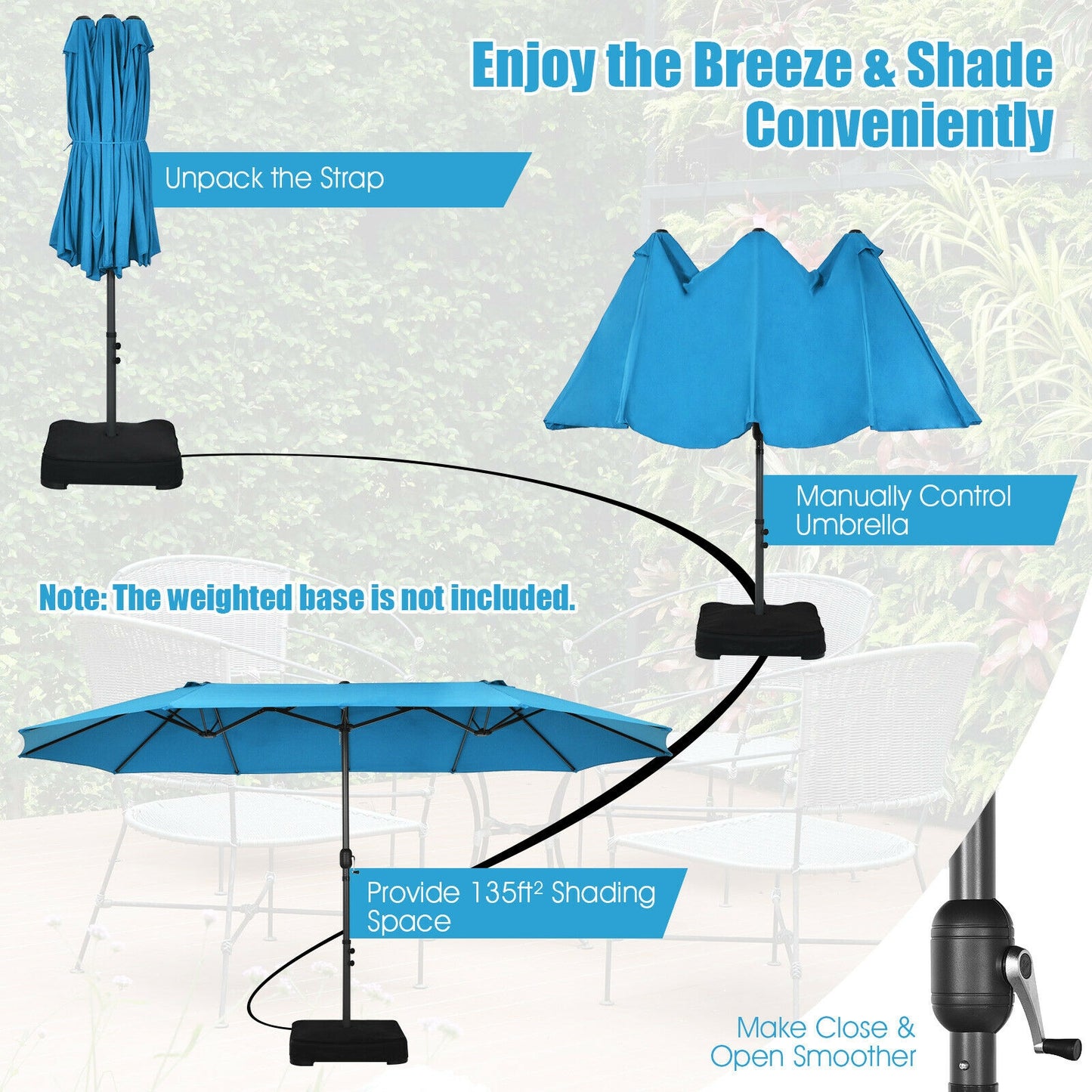 15 Feet Patio Double-Sided Umbrella with Hand-Crank System-Blue Kids Crystal