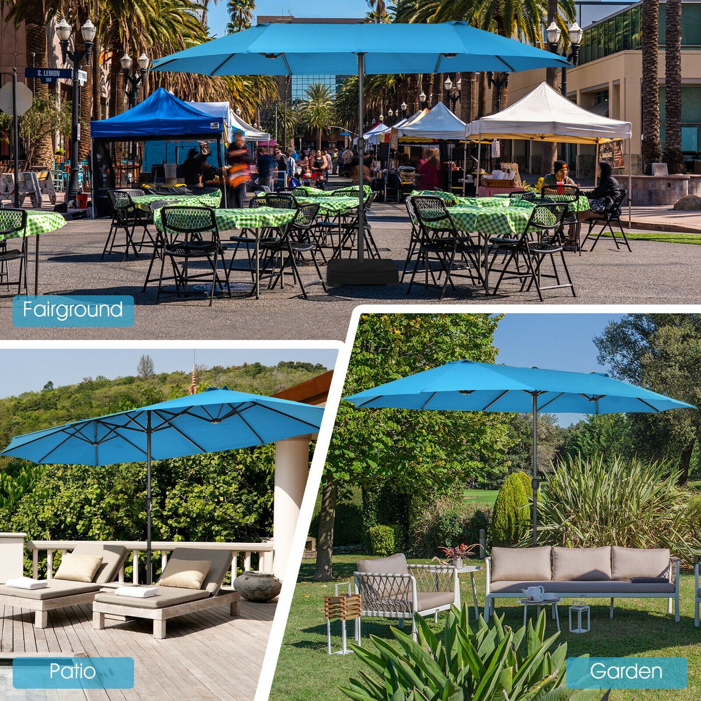 15 Feet Patio Double-Sided Umbrella with Hand-Crank System-Blue Kids Crystal