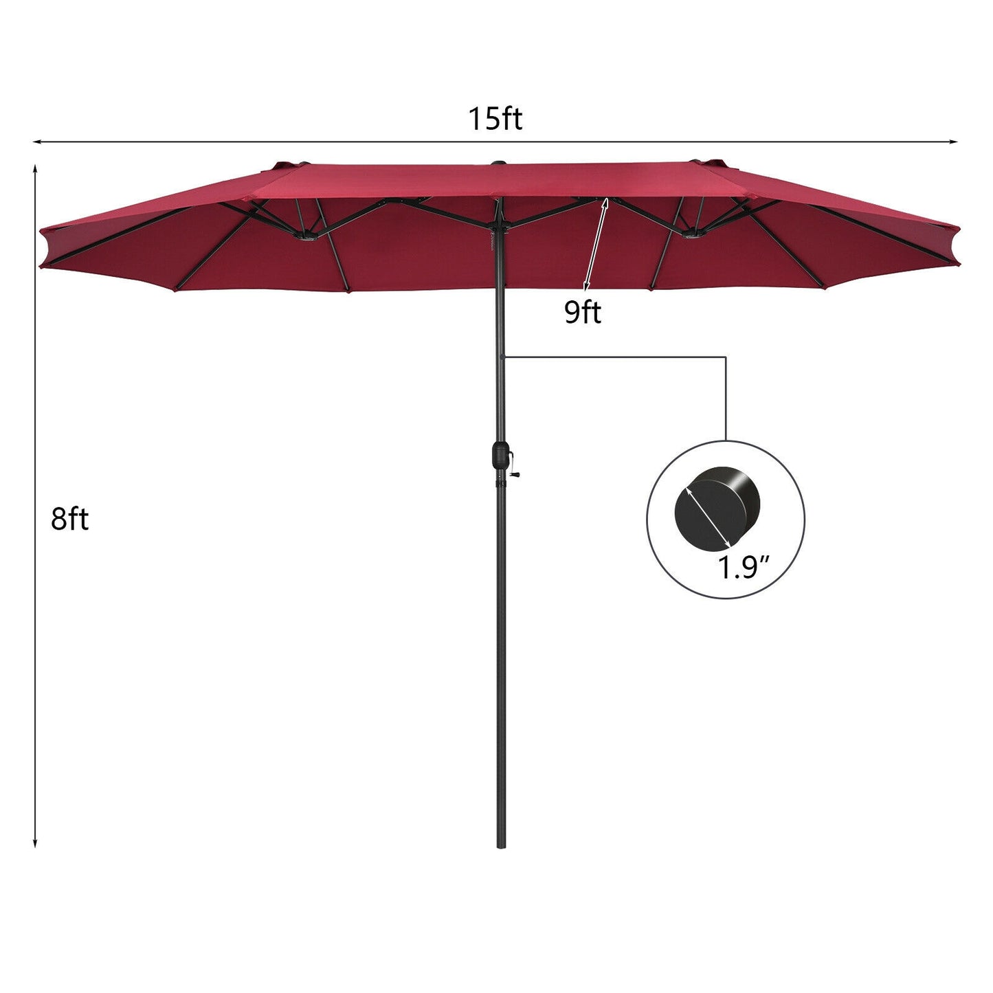 15 Feet Patio Double-Sided Umbrella with Hand-Crank System-Dark Red Kids Crystal