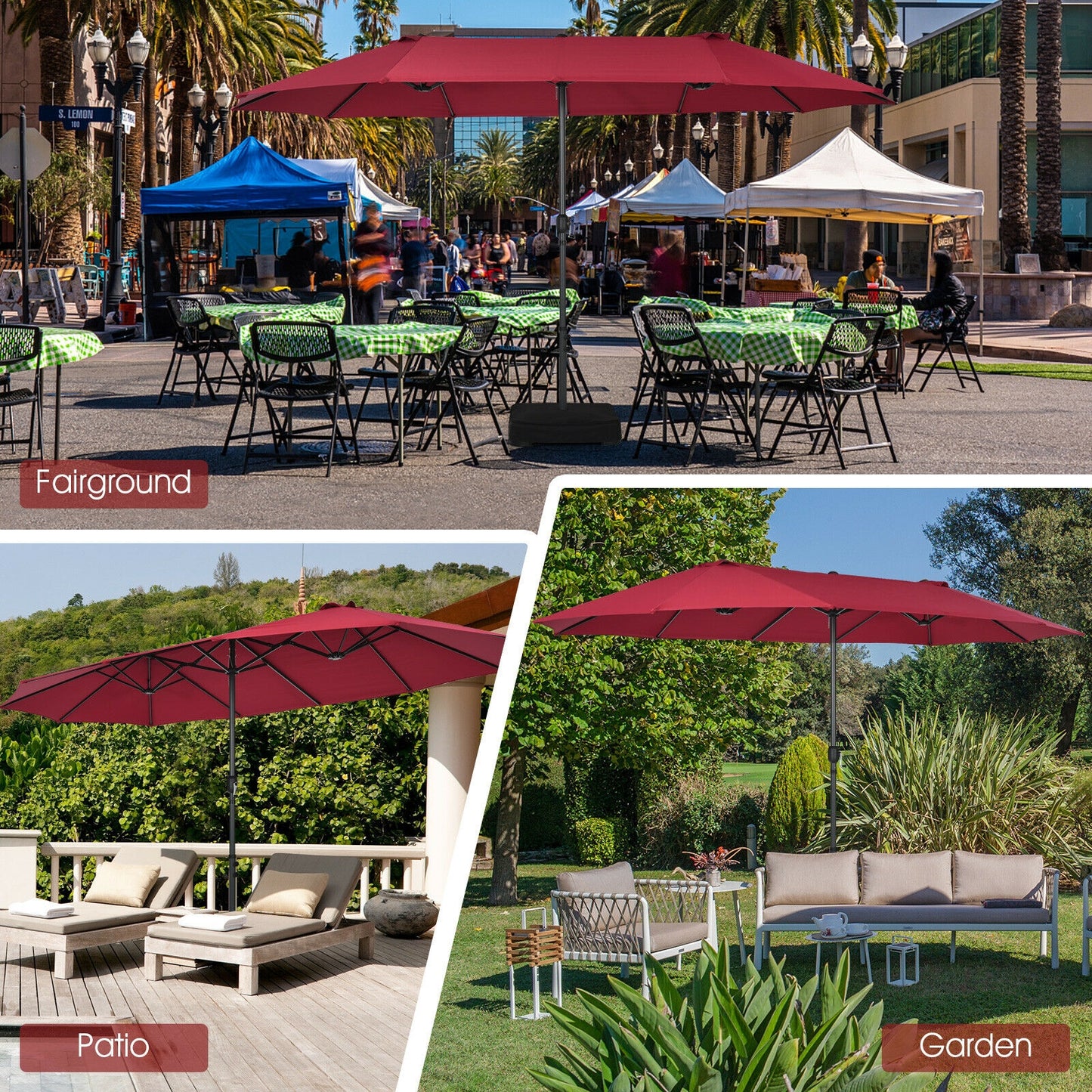 15 Feet Patio Double-Sided Umbrella with Hand-Crank System-Dark Red Kids Crystal