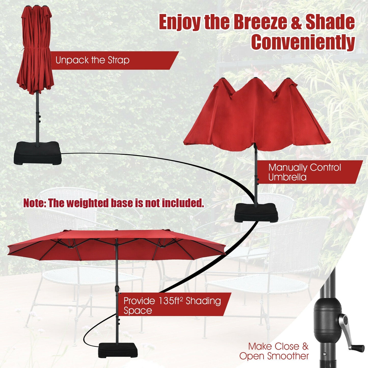 15 Feet Patio Double-Sided Umbrella with Hand-Crank System-Dark Red Kids Crystal