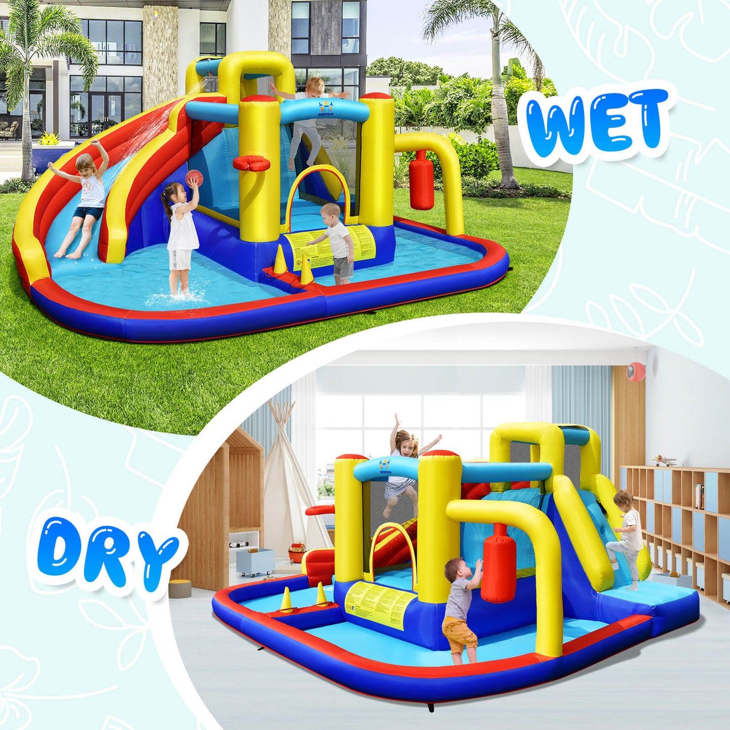 7-in-1 Inflatable Water Slide with 735W Air Blower and Splash Pool Kids Crystal