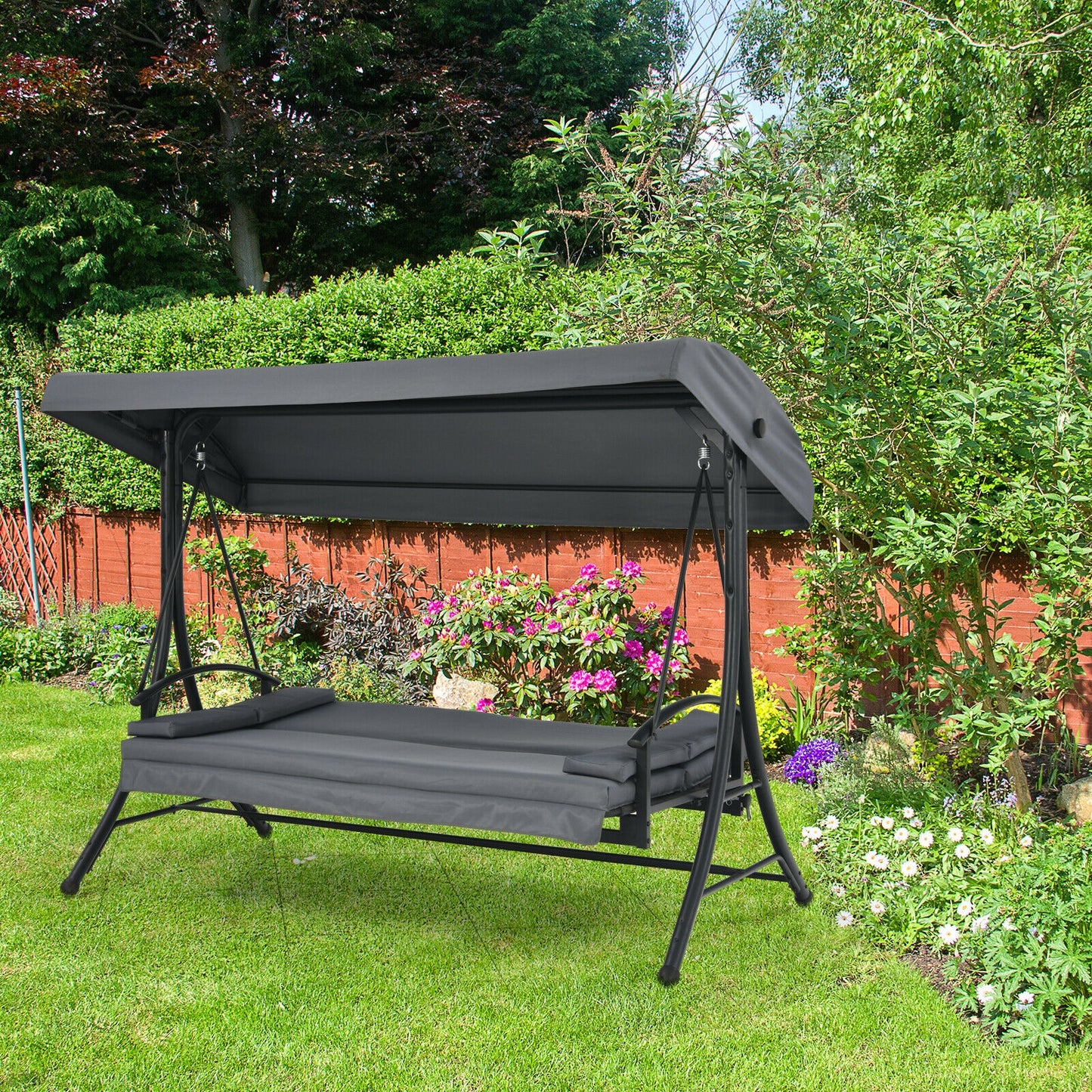 3-Seat Patio Outdoor Swing with Adjustable Tilt Canopy-Gray Kids Crystal