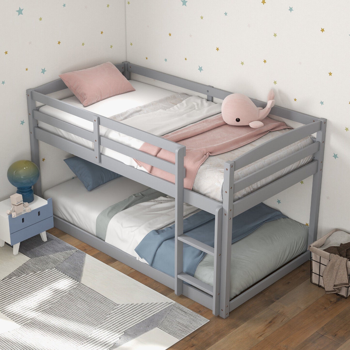 Twin Size Bunk Bed with High Guardrails and Integrated Ladder-Gray Kids Crystal