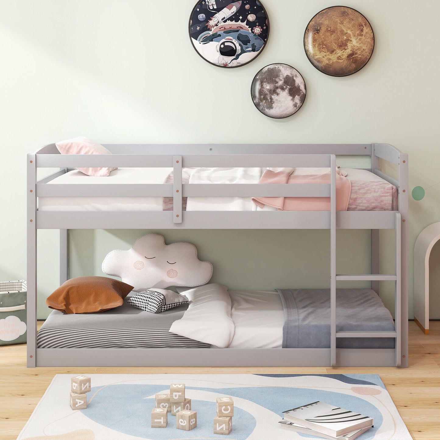 Twin Size Bunk Bed with High Guardrails and Integrated Ladder-Gray Kids Crystal