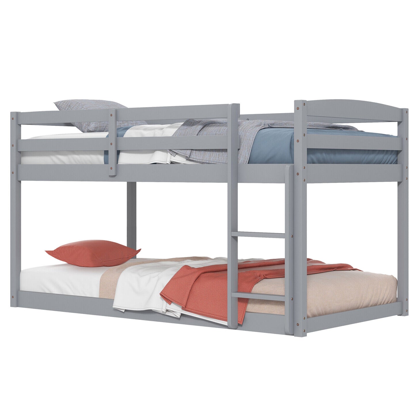 Twin Size Bunk Bed with High Guardrails and Integrated Ladder-Gray Kids Crystal