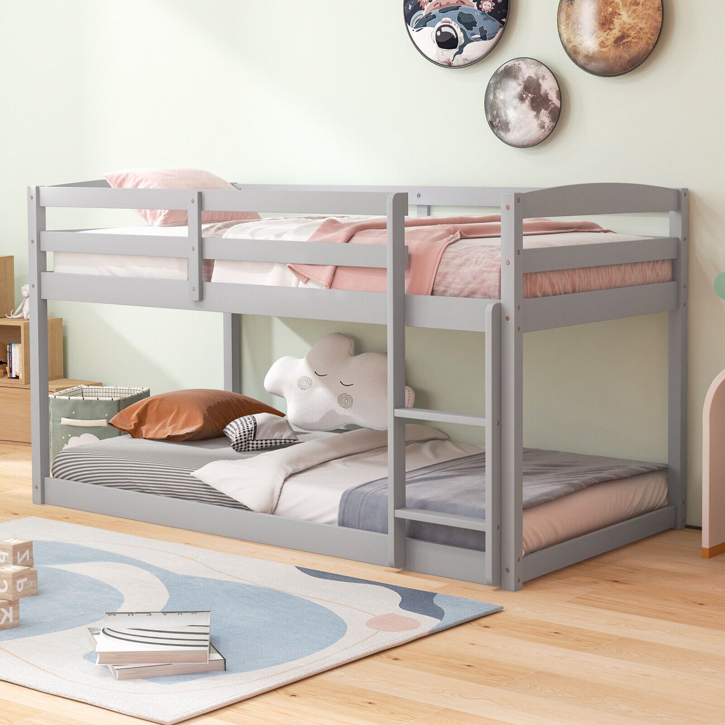 Twin Size Bunk Bed with High Guardrails and Integrated Ladder-Gray Kids Crystal
