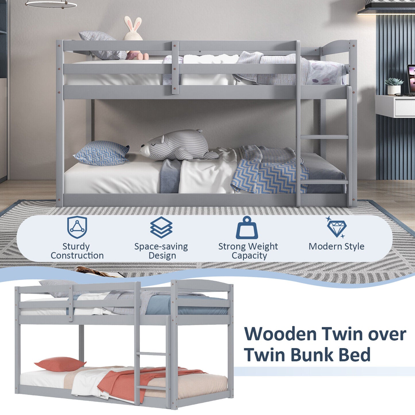 Twin Size Bunk Bed with High Guardrails and Integrated Ladder-Gray Kids Crystal
