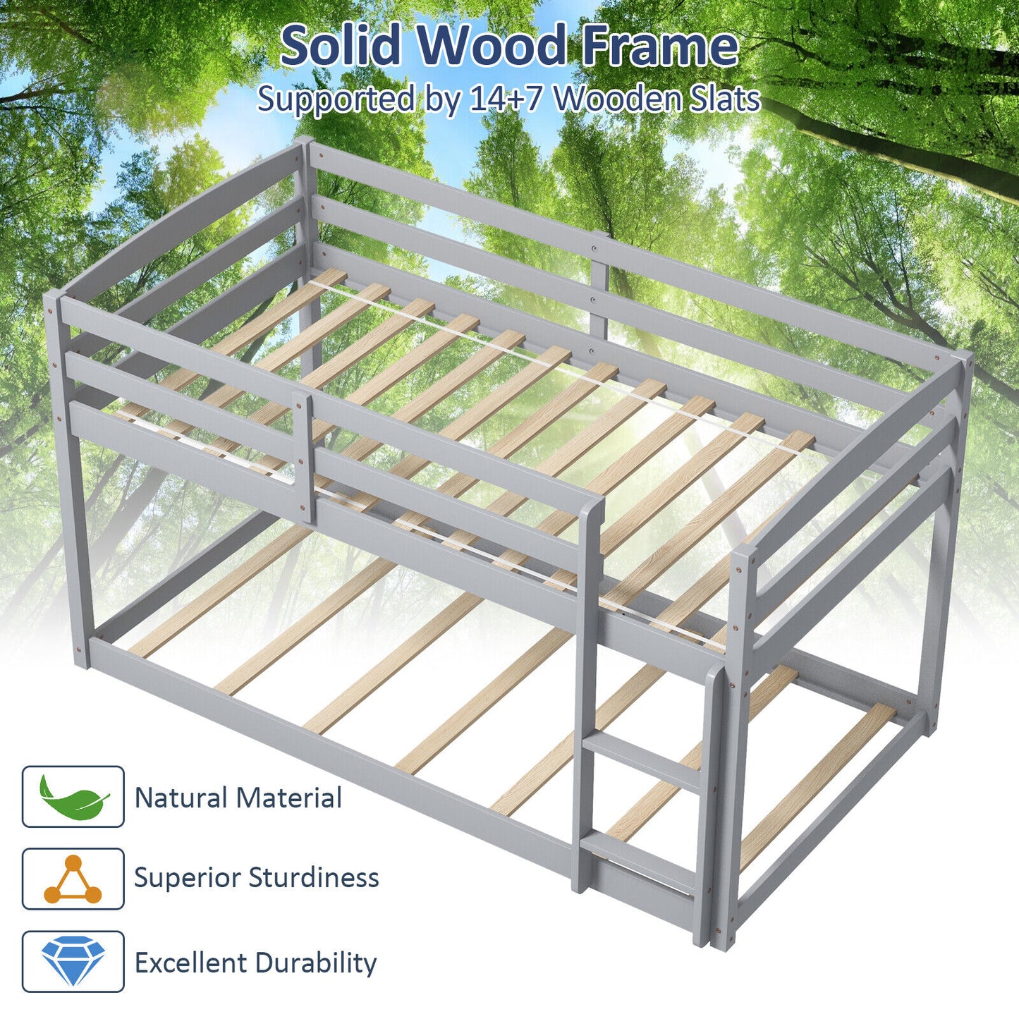 Twin Size Bunk Bed with High Guardrails and Integrated Ladder-Gray Kids Crystal