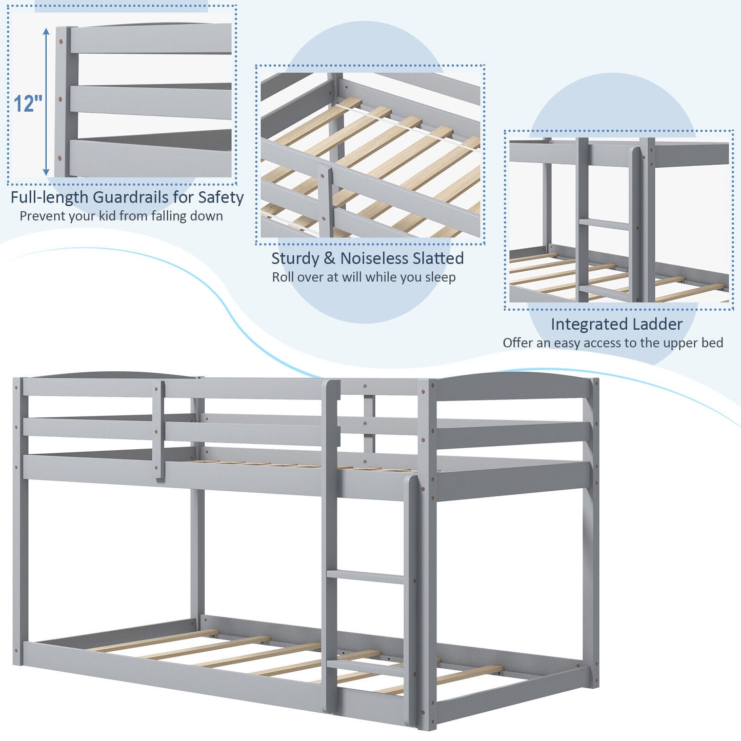 Twin Size Bunk Bed with High Guardrails and Integrated Ladder-Gray Kids Crystal