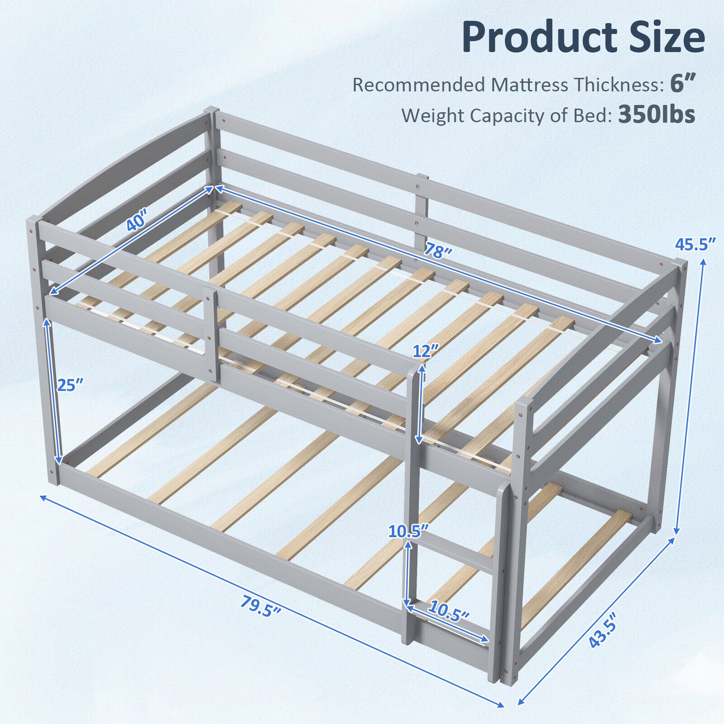 Twin Size Bunk Bed with High Guardrails and Integrated Ladder-Gray Kids Crystal