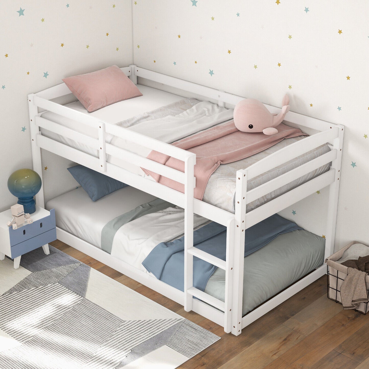 Twin Size Bunk Bed with High Guardrails and Integrated Ladder-White Kids Crystal
