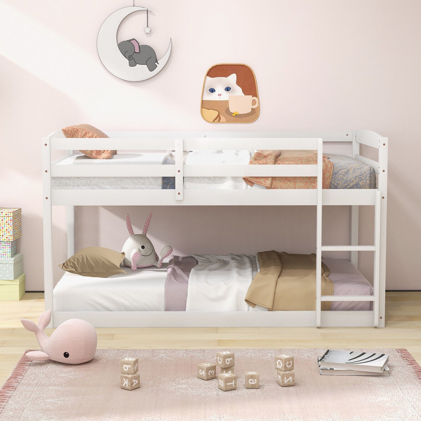 Twin Size Bunk Bed with High Guardrails and Integrated Ladder-White Kids Crystal