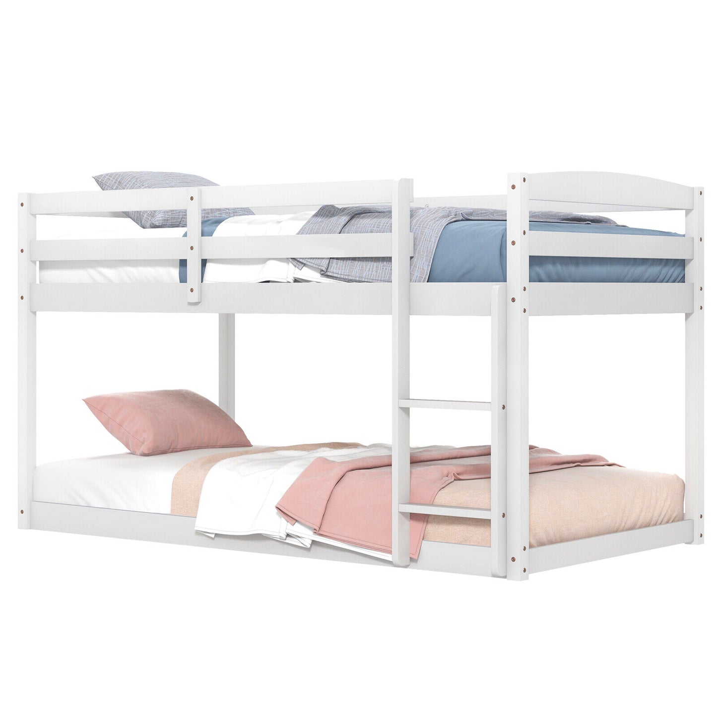 Twin Size Bunk Bed with High Guardrails and Integrated Ladder-White Kids Crystal