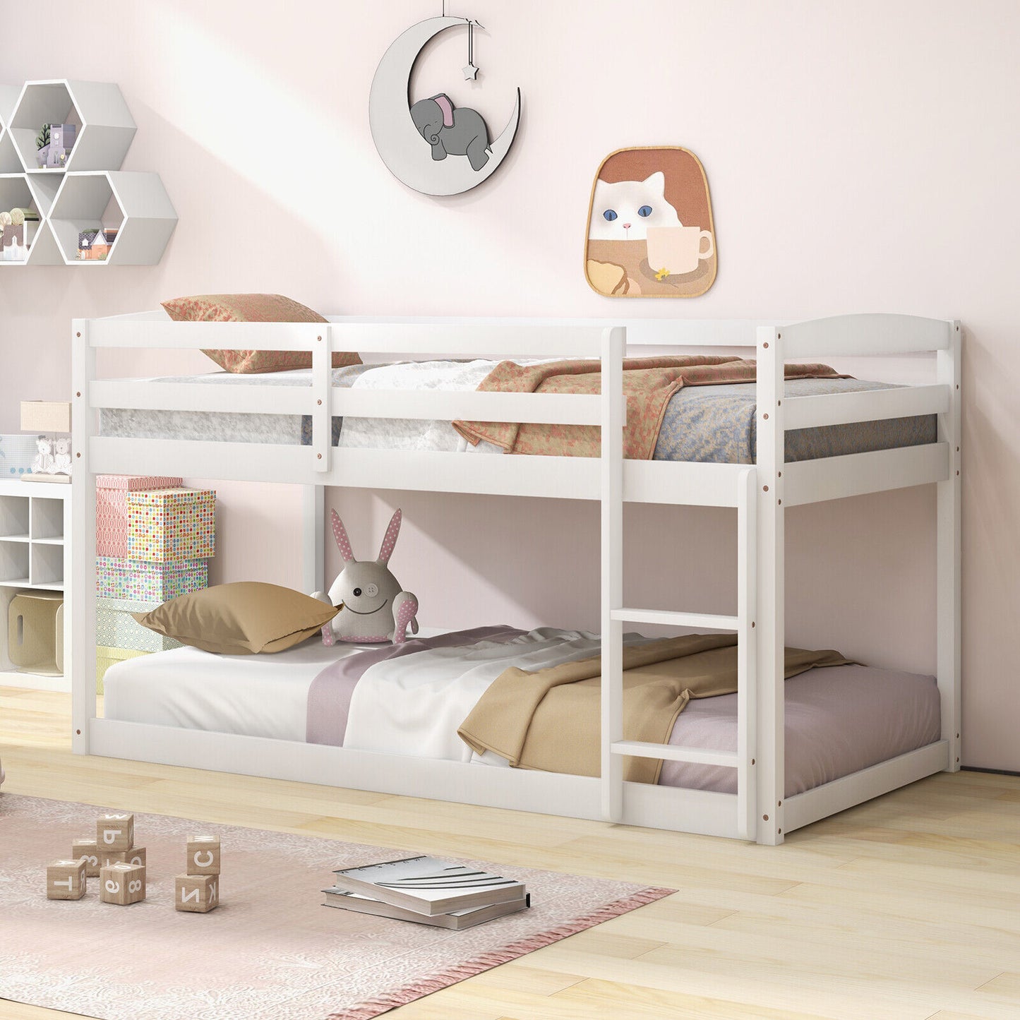 Twin Size Bunk Bed with High Guardrails and Integrated Ladder-White Kids Crystal