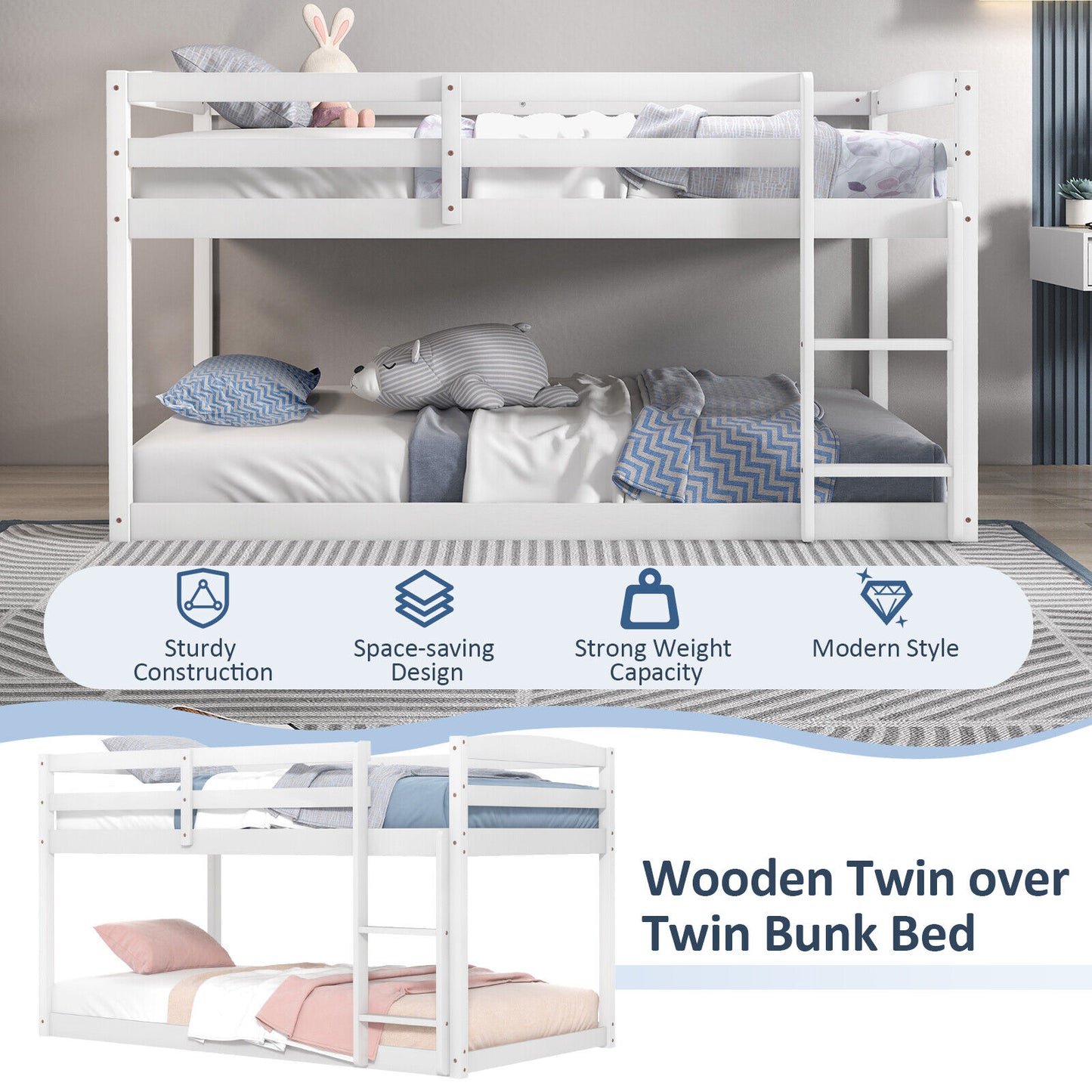 Twin Size Bunk Bed with High Guardrails and Integrated Ladder-White Kids Crystal