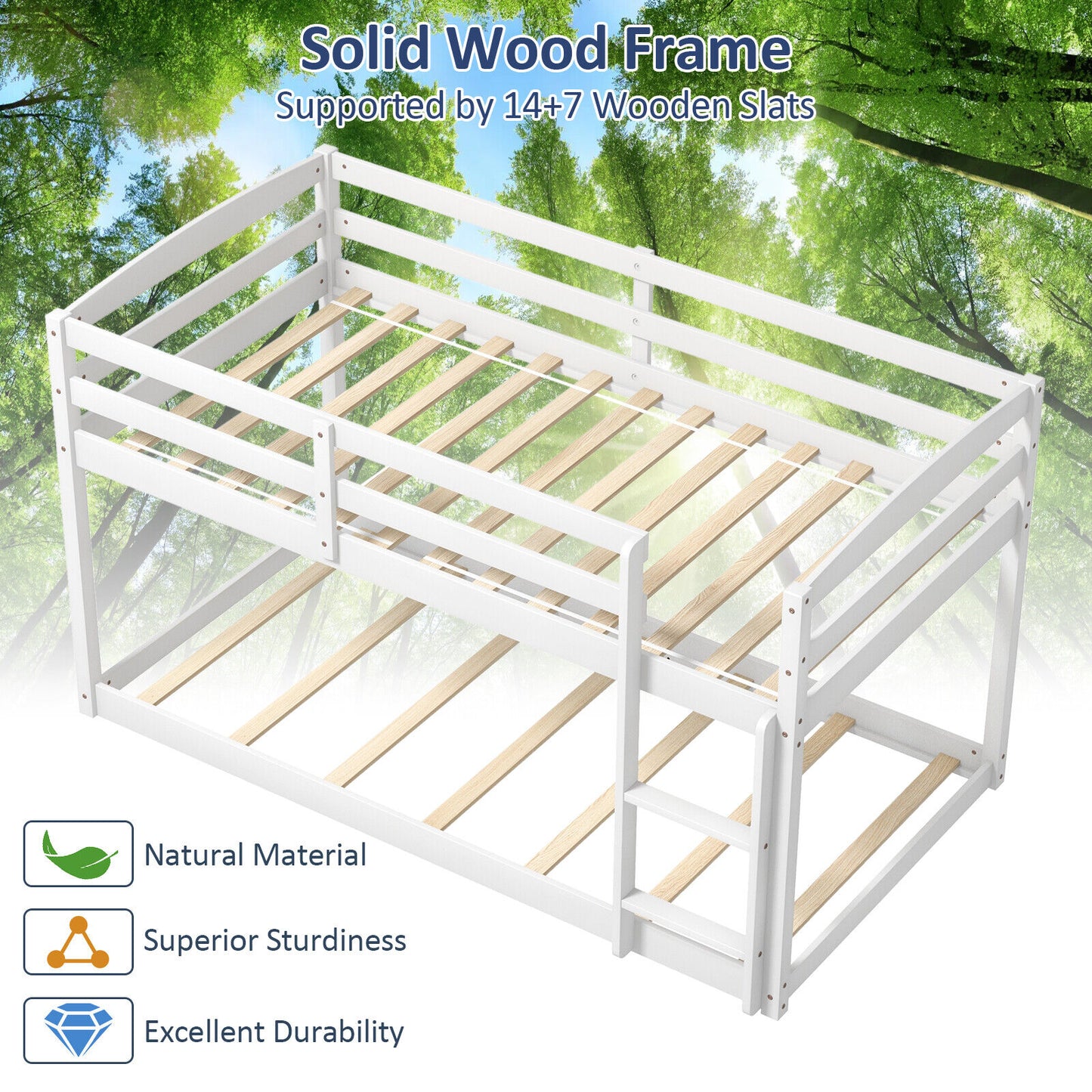 Twin Size Bunk Bed with High Guardrails and Integrated Ladder-White Kids Crystal