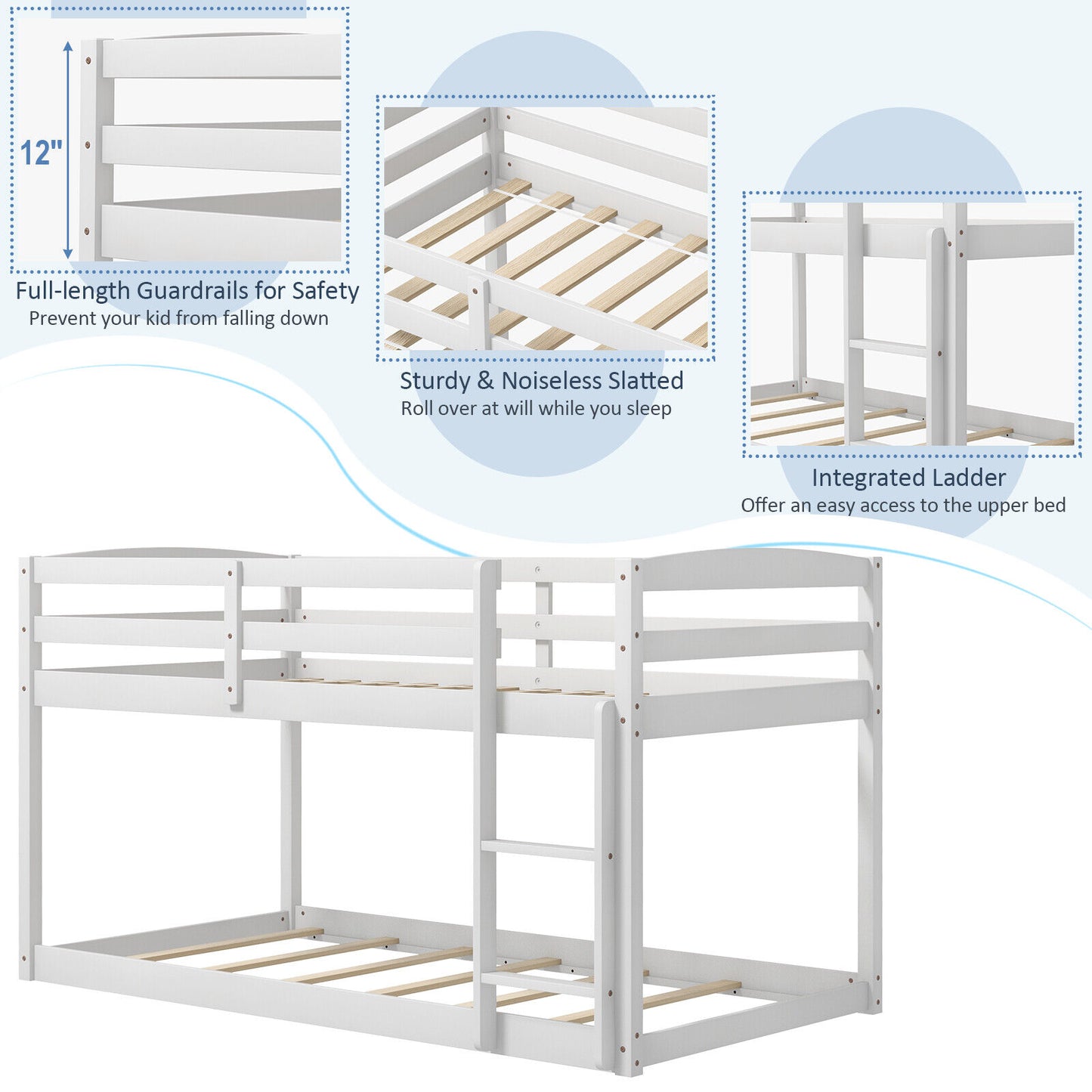 Twin Size Bunk Bed with High Guardrails and Integrated Ladder-White Kids Crystal