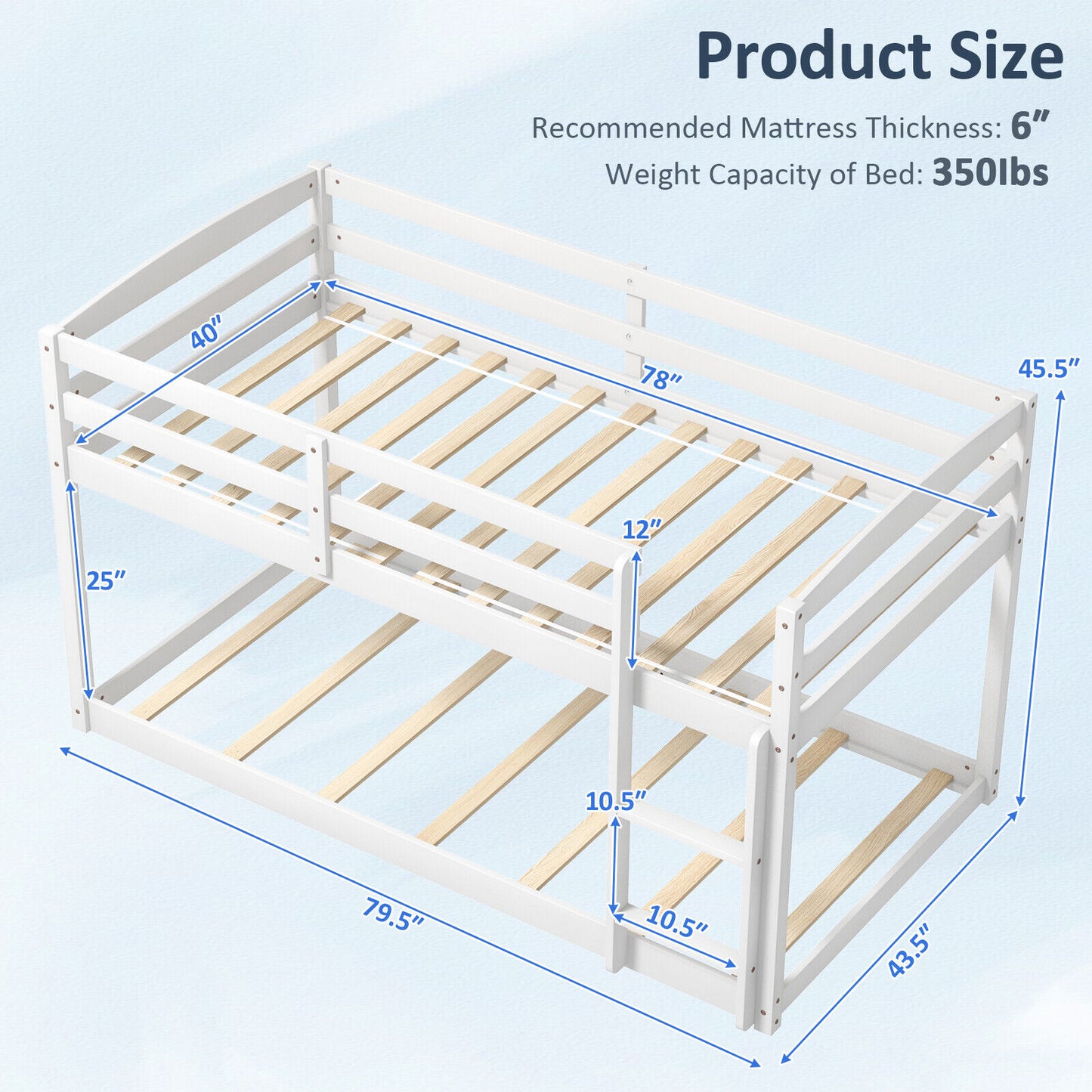 Twin Size Bunk Bed with High Guardrails and Integrated Ladder-White Kids Crystal