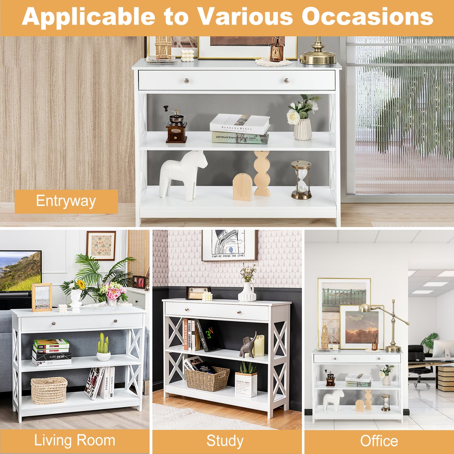 Console Table 3-Tier with Drawer and Storage Shelves-White Kids Crystal