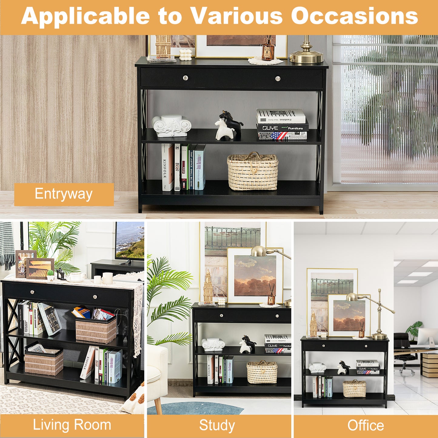 Console Table 3-Tier with Drawer and Storage Shelves-Black Kids Crystal