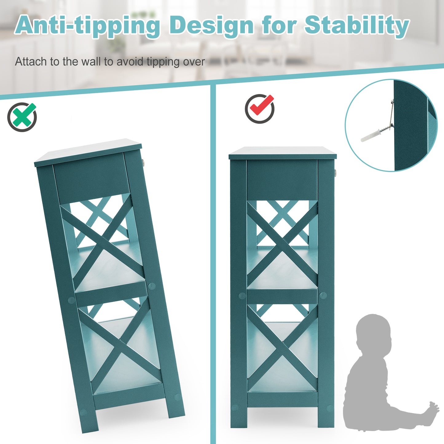 Console Table 3-Tier with Drawer and Storage Shelves-Turquoise Kids Crystal