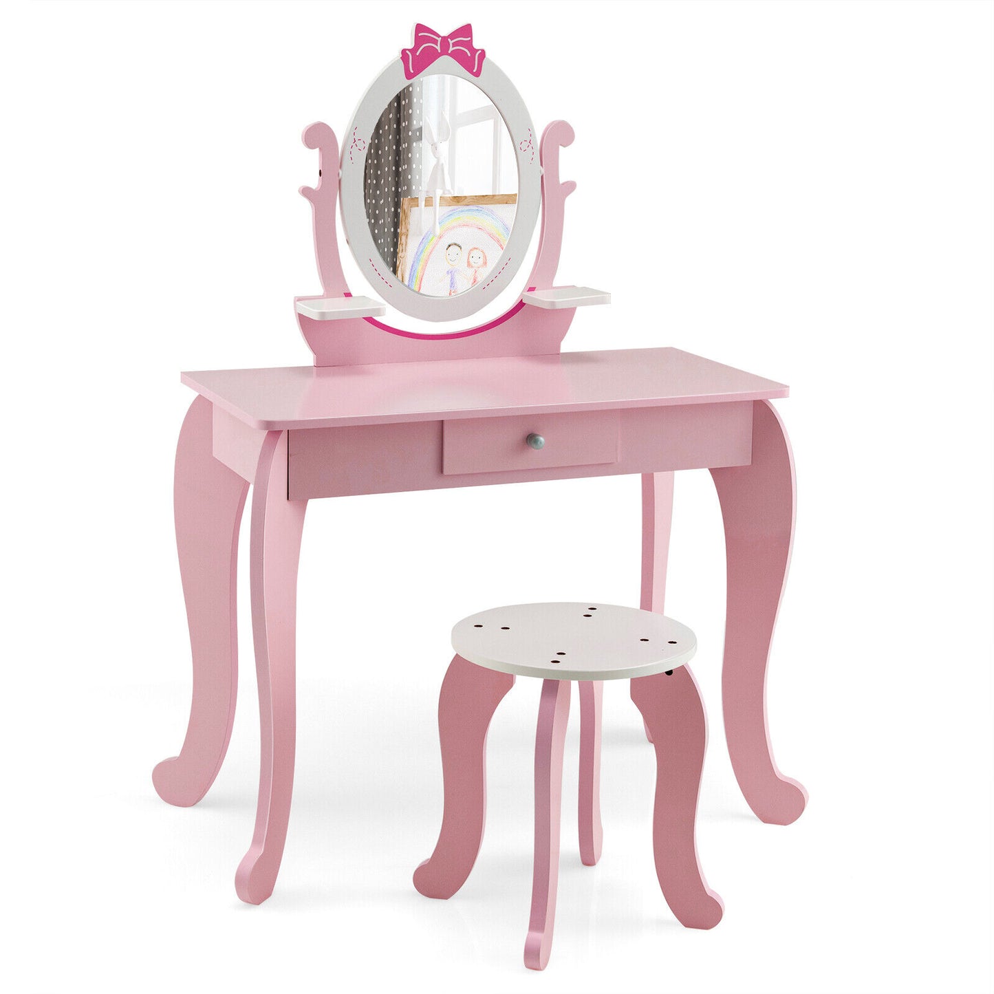 Kid Vanity Table Stool Set with Oval Rotatable Mirror-Pink Kids Crystal