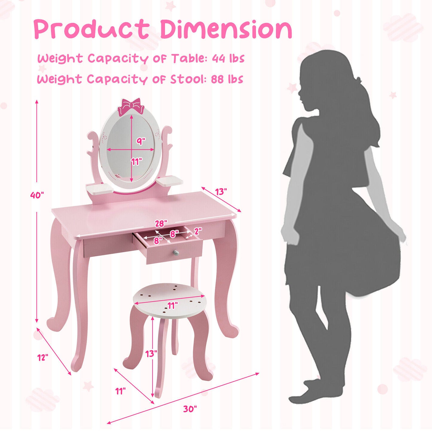 Kid Vanity Table Stool Set with Oval Rotatable Mirror-Pink Kids Crystal