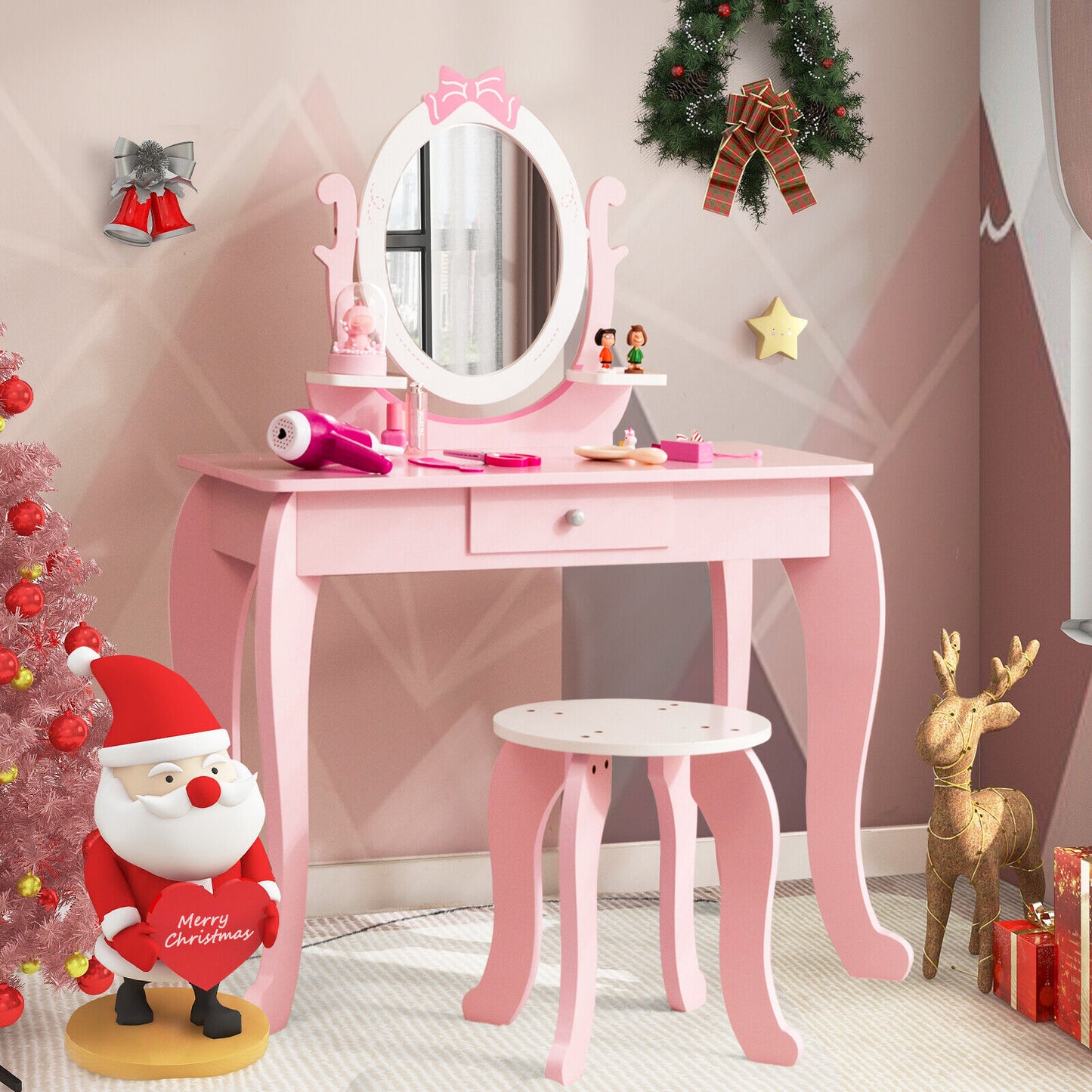 Kid Vanity Table Stool Set with Oval Rotatable Mirror-Pink Kids Crystal