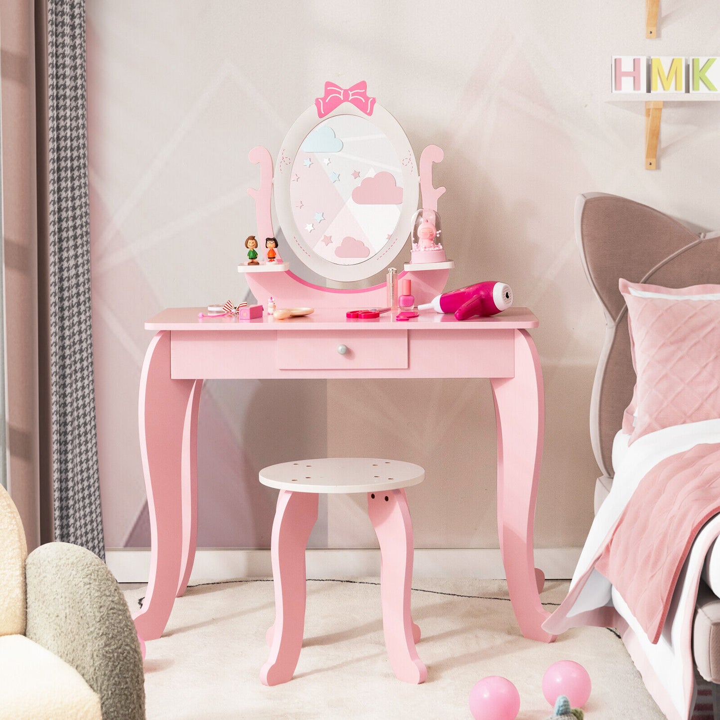 Kid Vanity Table Stool Set with Oval Rotatable Mirror-Pink Kids Crystal
